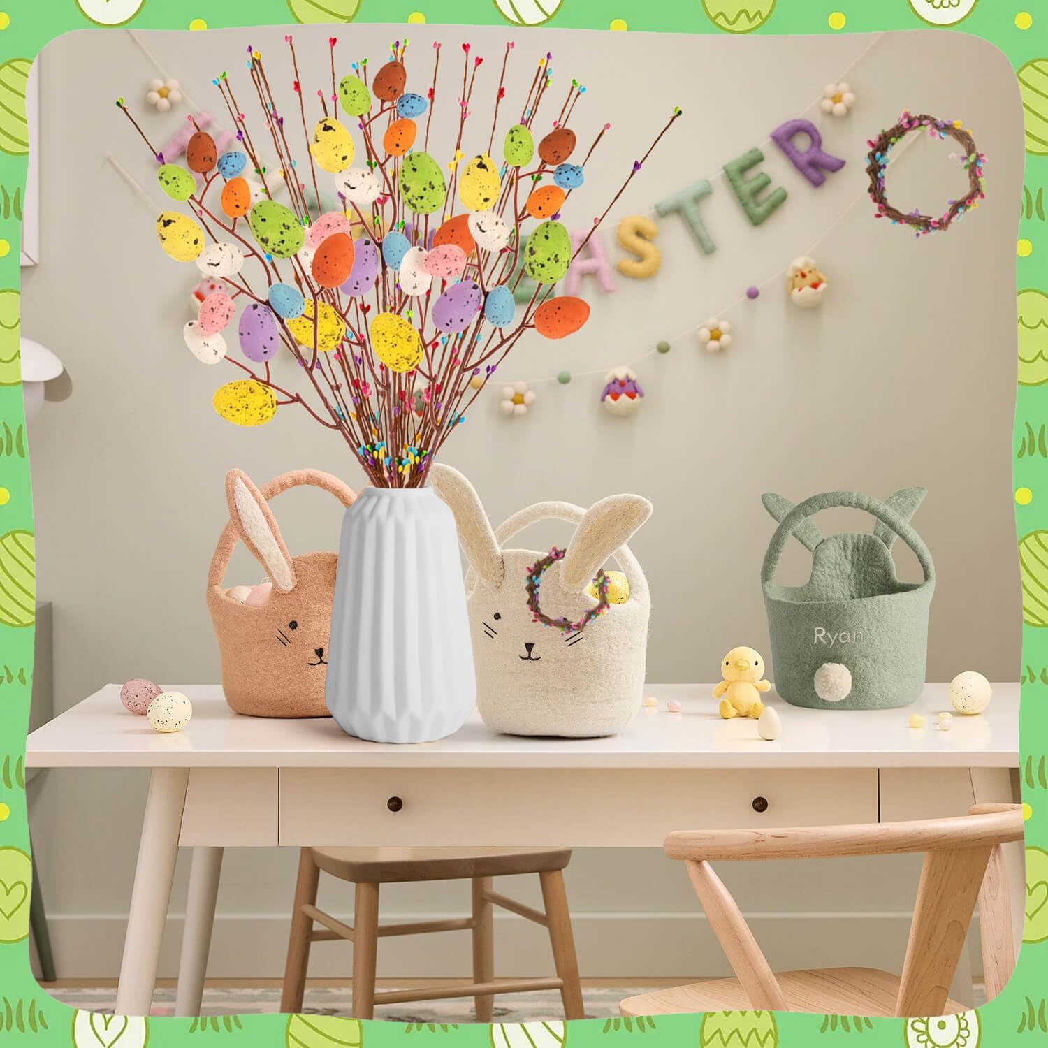 AmFor Artificial Spray Vine with Pastel Eggs, Berries, and Spring Floral Stems - Decorative Speckled Colorful Easter Egg Twig Branches for Easter Arrangements, Centerpieces, and Wreath Decorations - Image 7