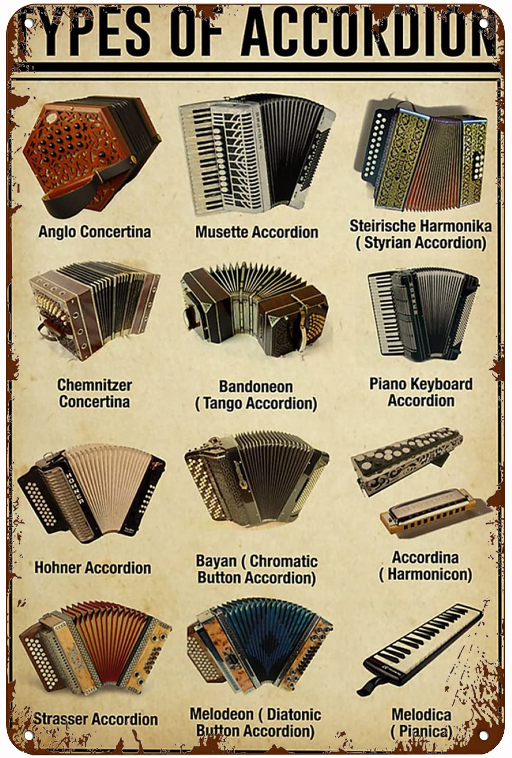 C-03 Types Of Accordion Posters Instrument Chart Metal Signs Wall Decor Popular Science Knowledge Home Decor Room Decor Printed Plaque 12X18 Inches