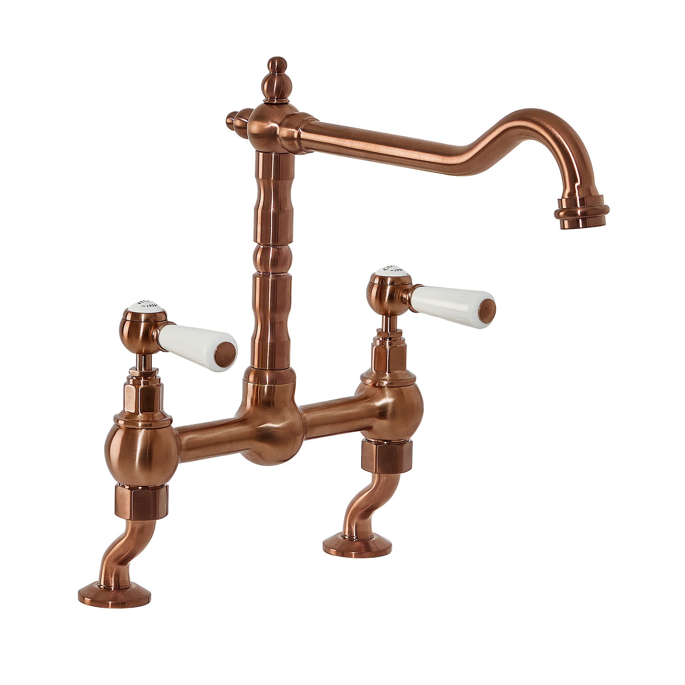 Milano Brushed Copper Elizabeth Lever Handle Bridge Kitchen Sink Mixer Tap Swivel Spout - Copper