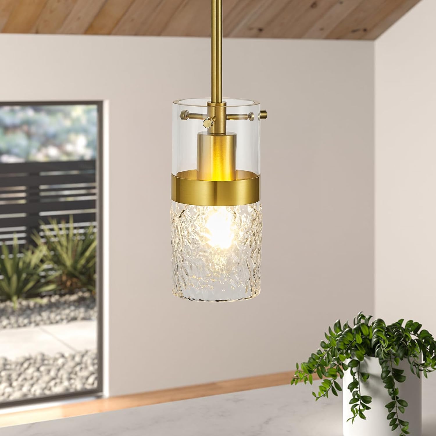 Modern Gold Pendant Light Adjustable Hanging Lighting Transparent Hammer Glass Chandelier for Kitchen Island Dining Room Bathroom Bedroom (3Pack)