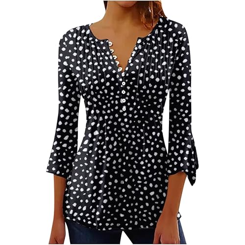 Tunic Tops for Women 2024 Trendy Boho Floral Print Tunic Shirts 3/4 Bell Sleeve Button v Neck Casual Loose Tshirt