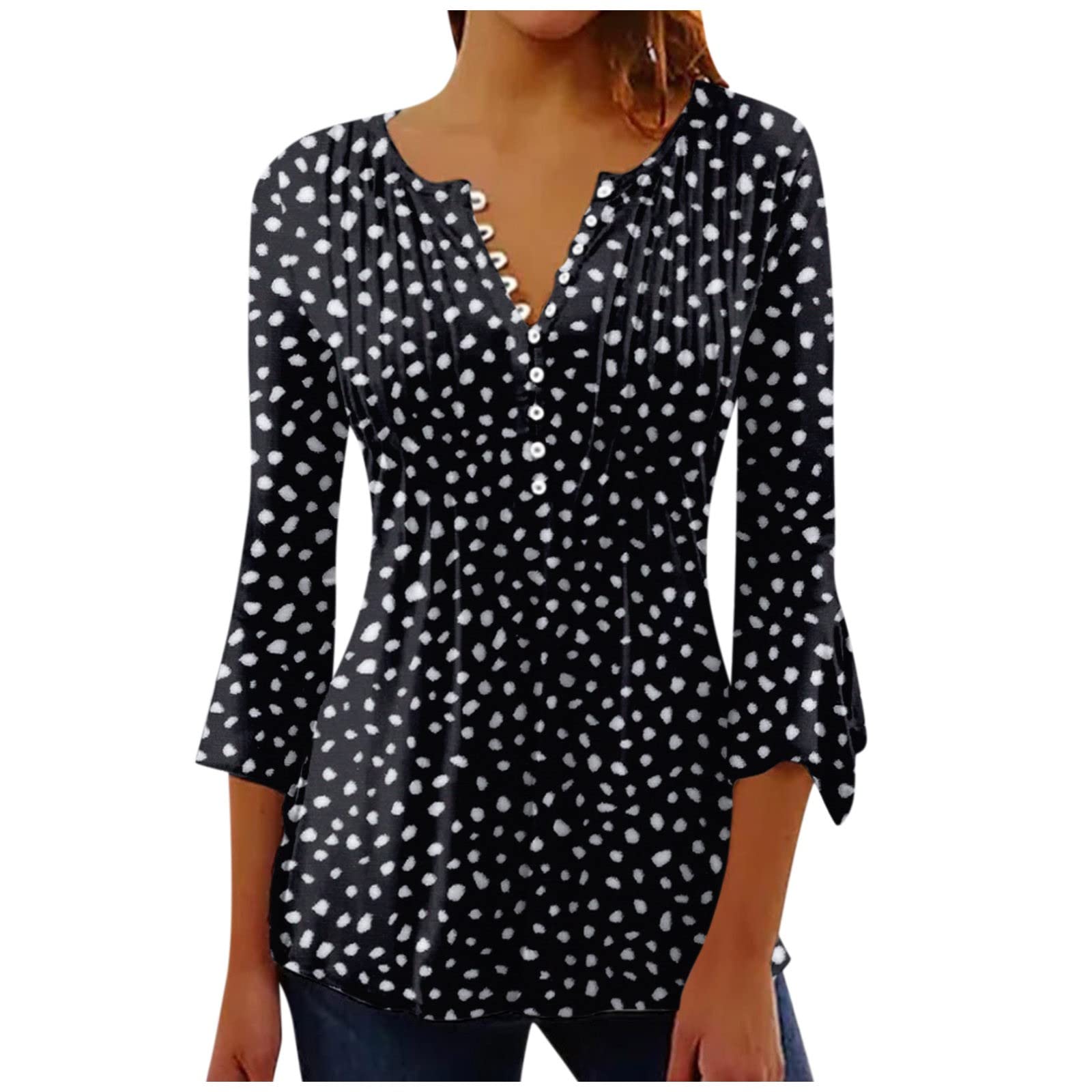 WJDNHKYDTunic Tops for Women 2024 Trendy Boho Floral Print Tunic Shirts 3/4 Bell Sleeve Button v Neck Casual Loose Tshirt