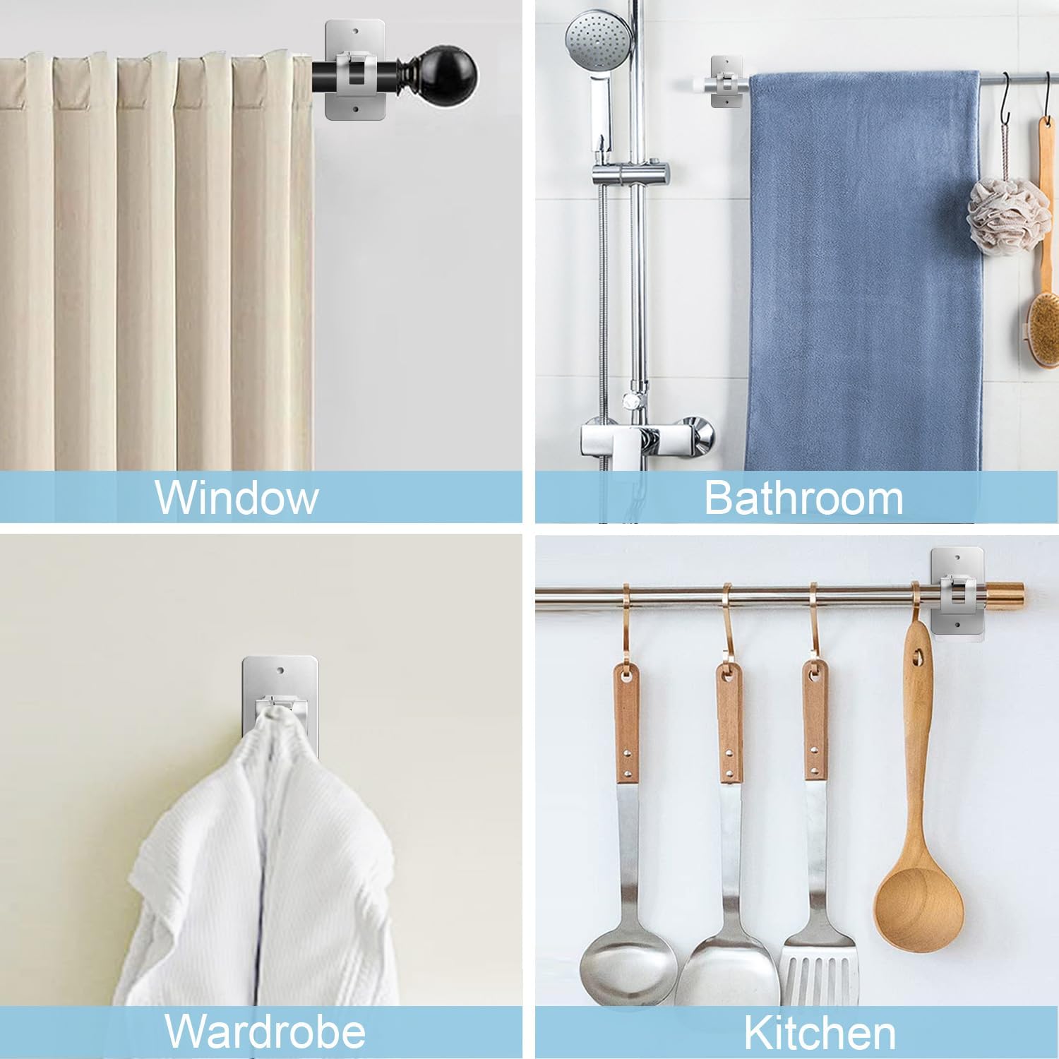 4 PCS Curtain Rod Holder No Drill - Self Adhesive Curtain Rod Brackets - No Drilling Silver Plastic Curtain Rod Holder Rod Hook Curtain Rod Hanger (Silver)