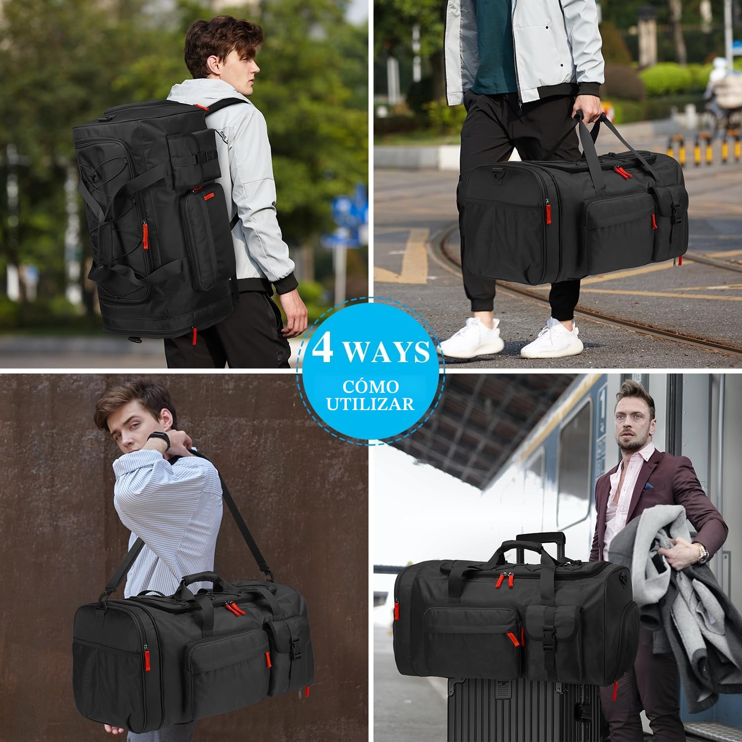 Bolsa de viaje para hombre grande 70L bolsa de deporte para fin de semana mochila con compartimento para zapatos, bolsa de entrenamiento para mujer para gimnasio, viajes, Negro