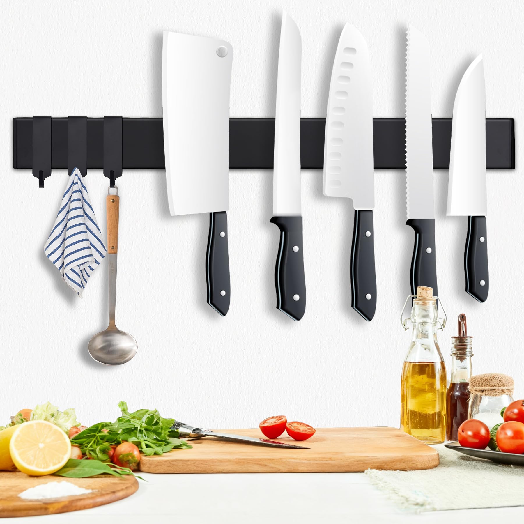 Magnetleiste Messer 40 cm, Messerhalter magnetisch schwarzmit 3 Haken,Magnet Messerhalter aus Edelstahl mit Klebeband und Schrauben für Messer und Utensilien