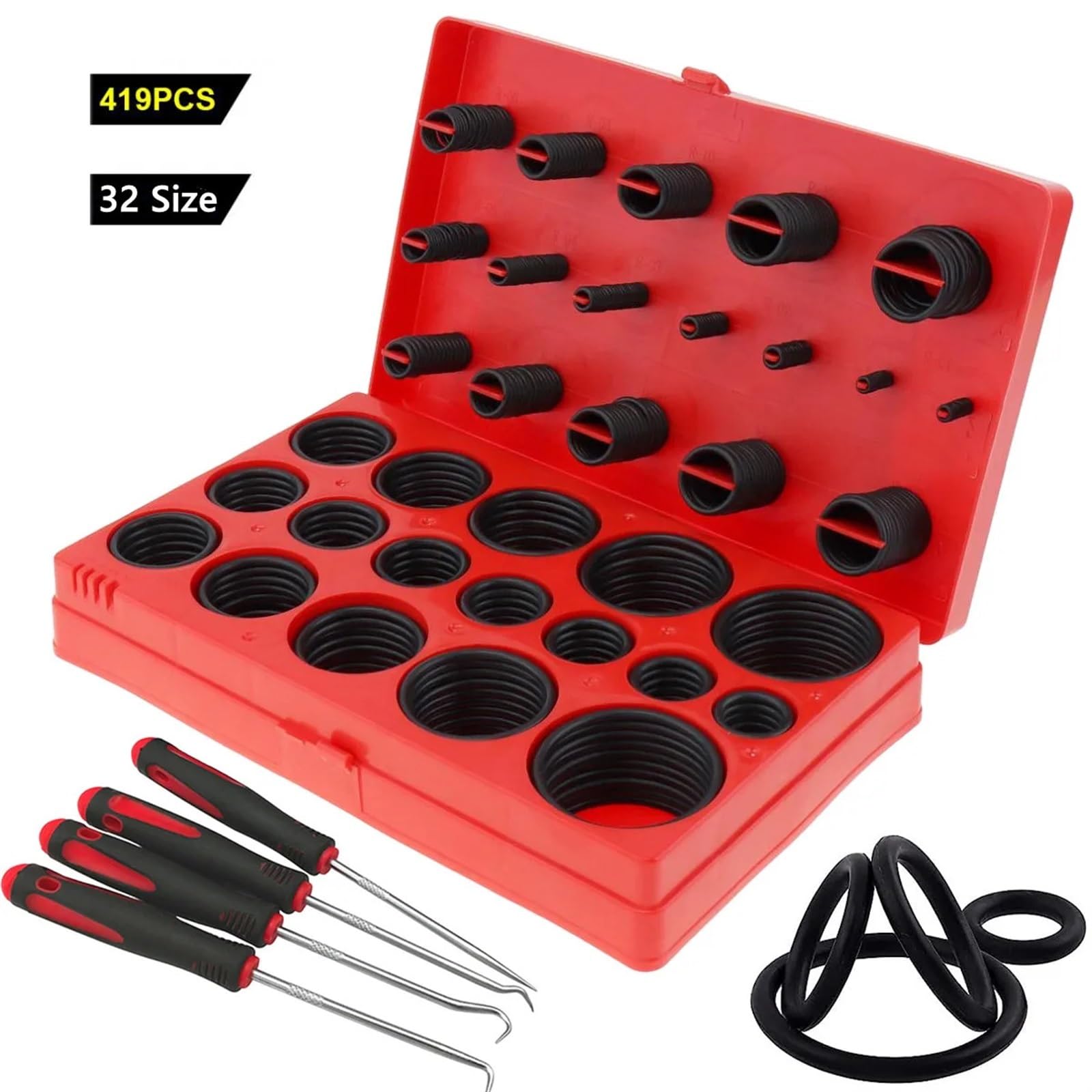 419 Piece O-Ring Assortment Kit - 32 Sizes Black Rubber Seal Gasket Set With Storage Box For Automotive, Plumbing, Repair