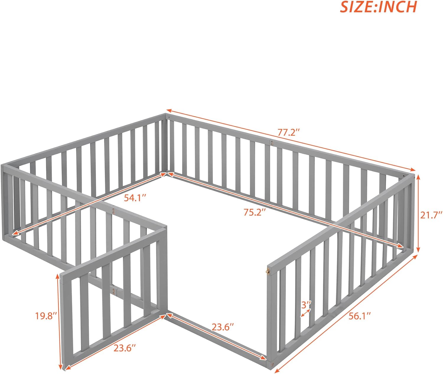 Bellemave Montessori Floor Bed Frame with High Fence and Door, Full Floor Bed for Kids, Girls & Boys, Easy Assemble Montessori Beds Full Size, Gray