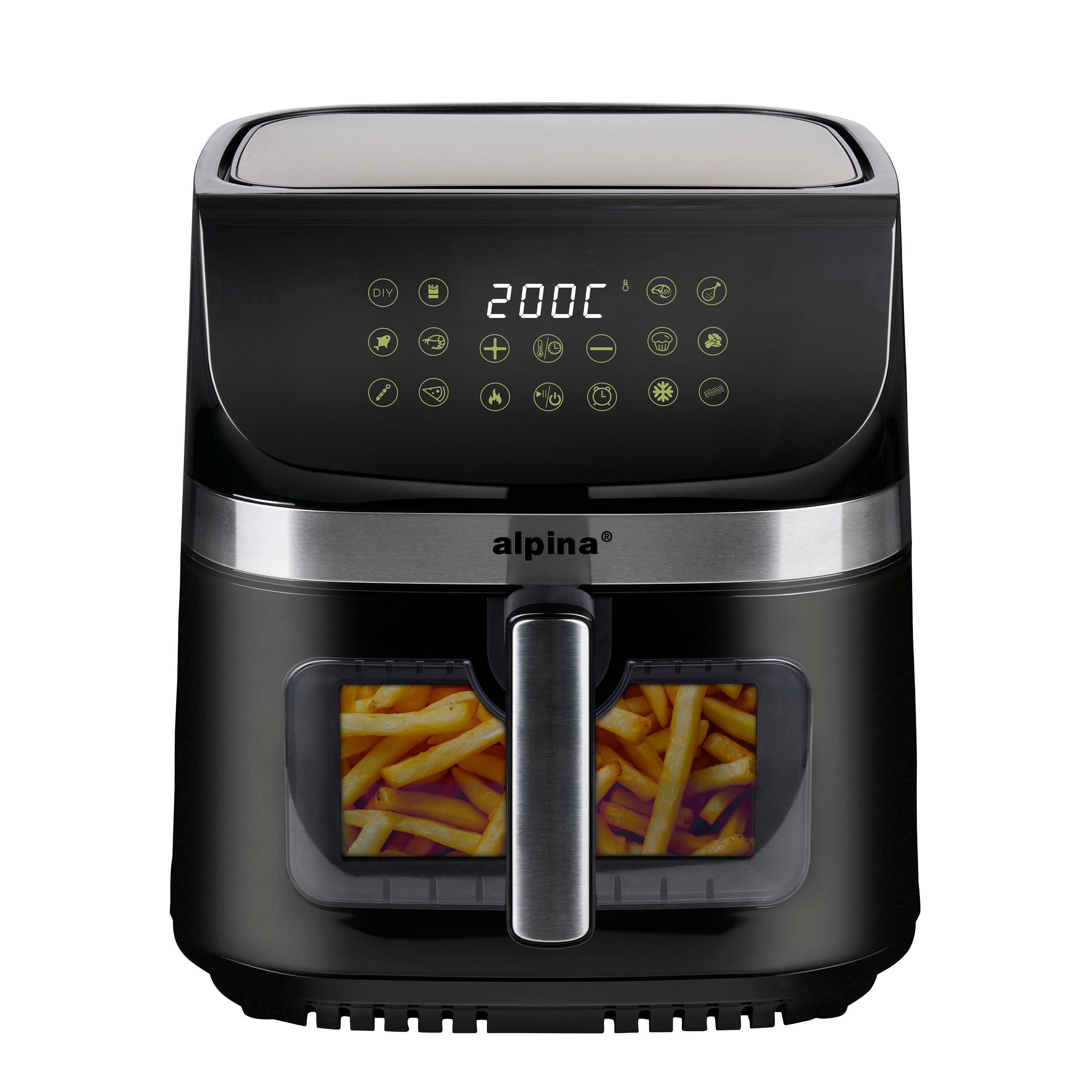 alpina Freidora Aire XXL - Air Fryer 9L - Freidora de Aire con Pantalla Digital - Airfryer con Temporizador y Temperatura de 60 a 200℃ - con 8 Programas de Cocción y Ventana de Visualización - Negro