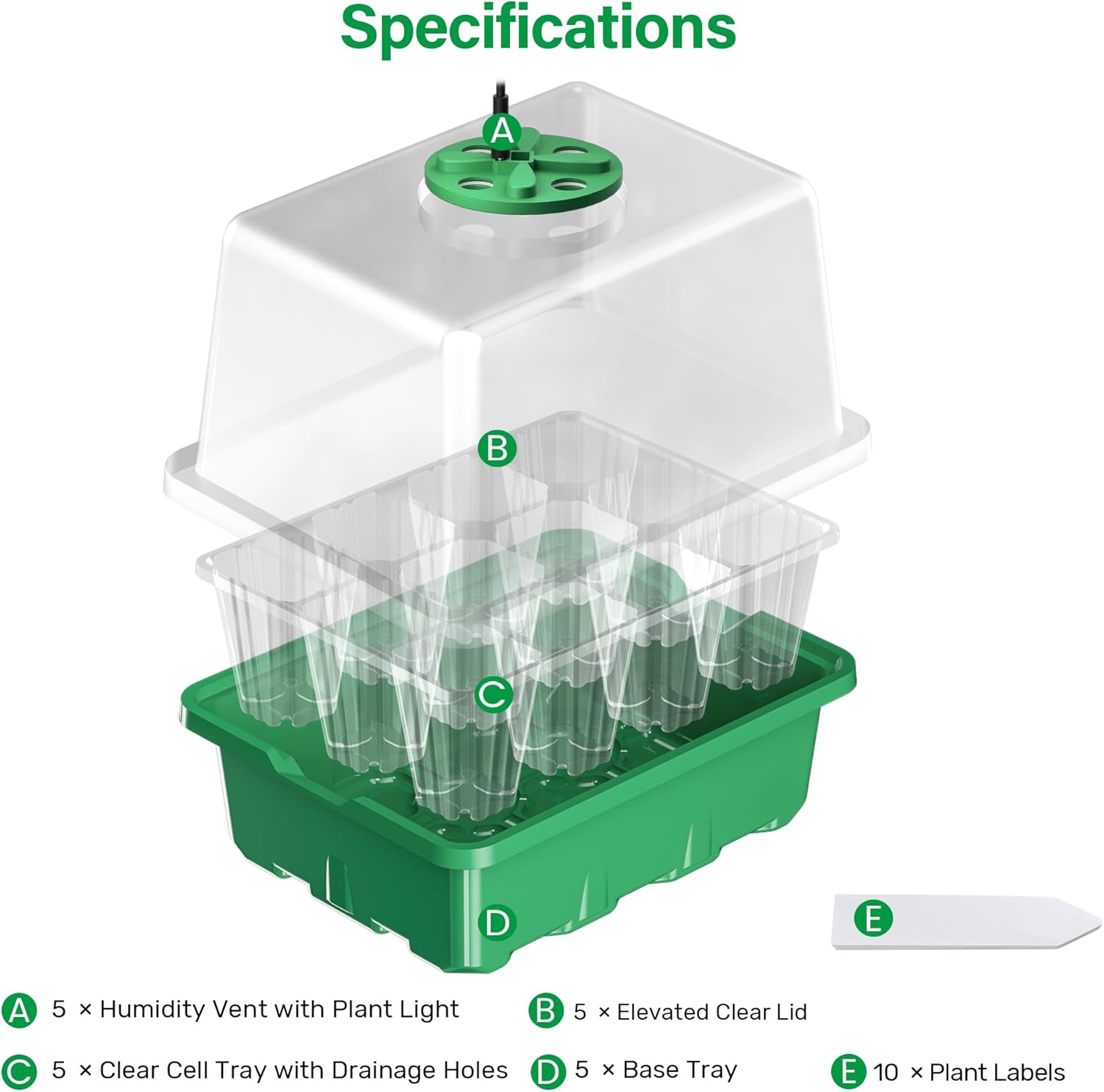 Bonviee 5 Packs Seed Starter Tray with Plant Light, Elevated Seedling Starter Trays Kits with Adjustable Humidity Domes and Clear Cell Tray, 12 Full Spectrum led lamp Beads for Plants Indoor-Green - Image 2