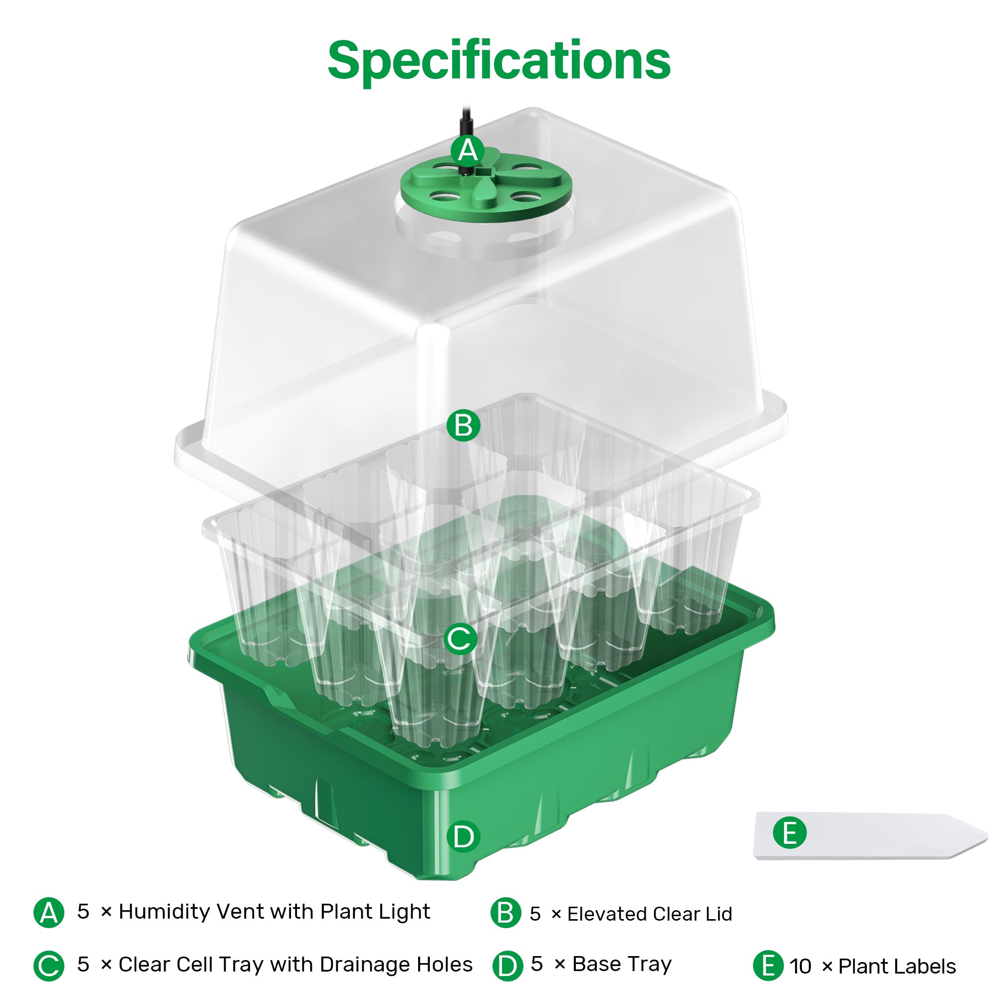 Lot de 5 Plateaux de semis pour semis - Kit de démarrage avec dômes d'humidité et Base pour Serre d'intérieur - Mini Station de Culture pour la Croissance des graines (12 cellules par Plateau) - Vert