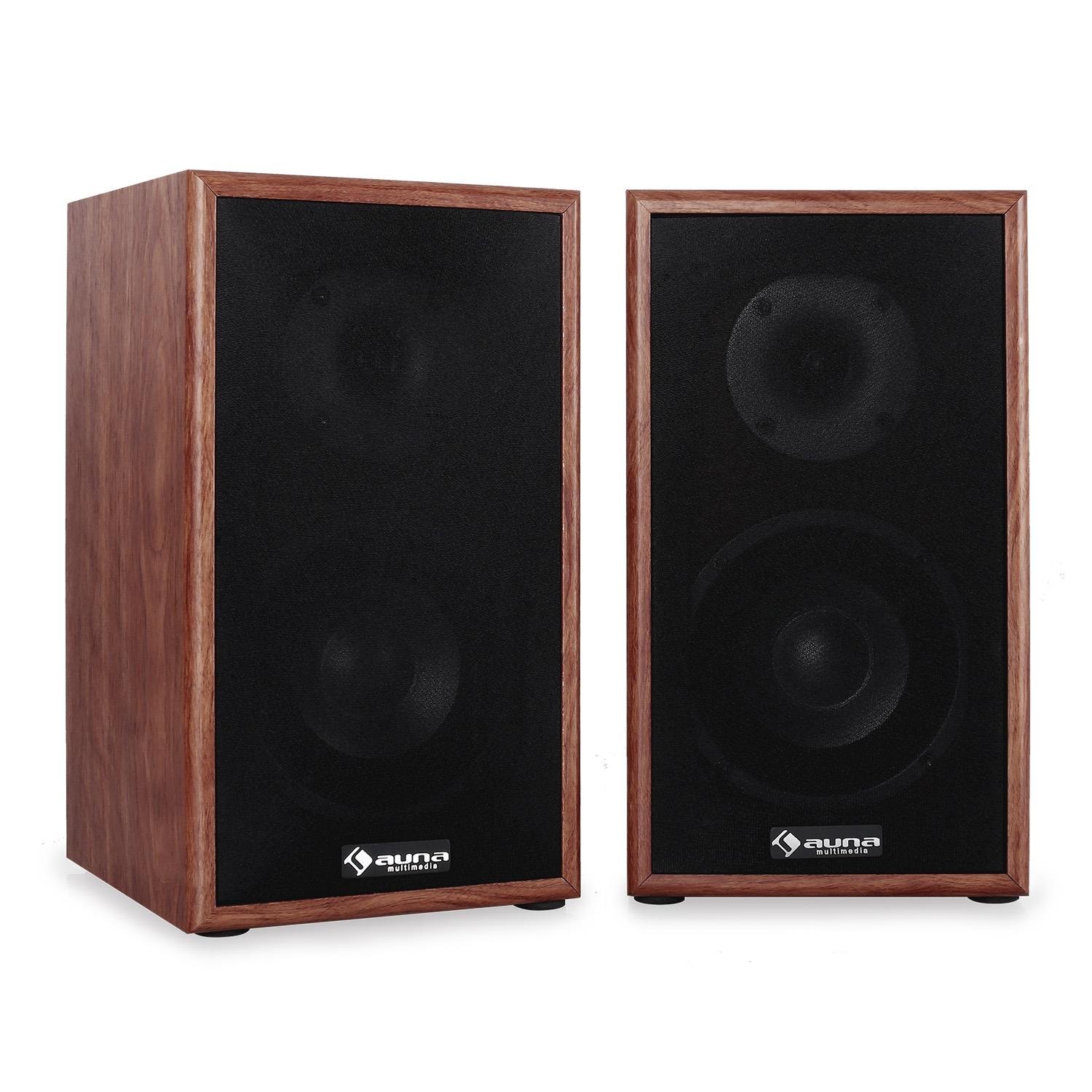 auna - Linie 300 SF-WN, Regallautsprecher, Lautsprecher-Boxen, HiFi-Boxen, Lautsprecher-Paar, 2-Wege-System, 13cm (5") Tieftöner, 76 Watt max, 8 Ohm, passiv, walnuss