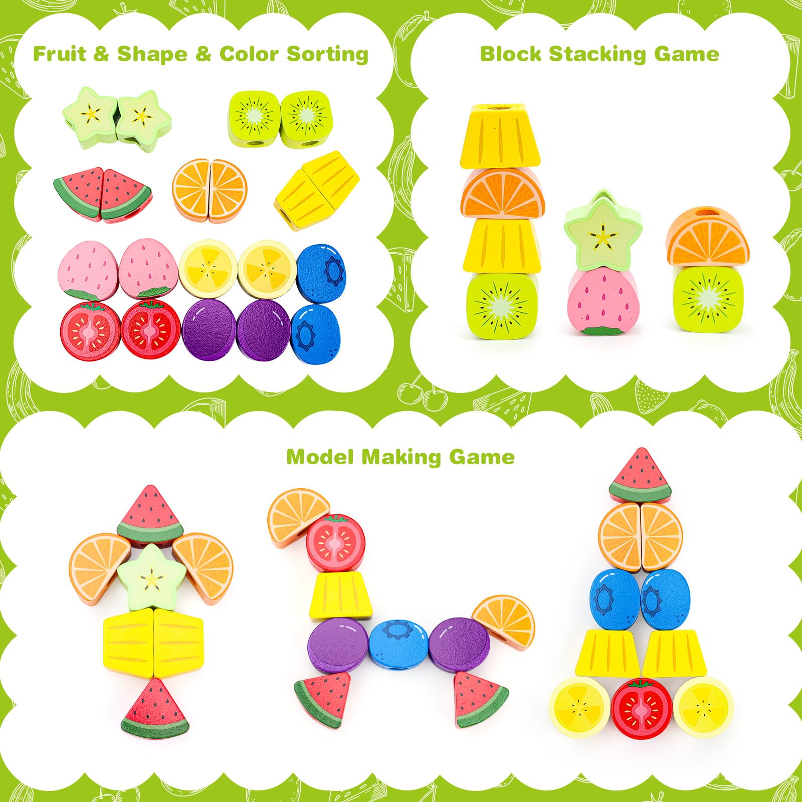 GiddyGlow Juguetes de Madera Montessori para Niños 2 3 4 Años： Juego Educativo con Ensartar Cuentas y Apilar Bloques para Motricidad Fina + Regalo Niña Niño 2-5 Años