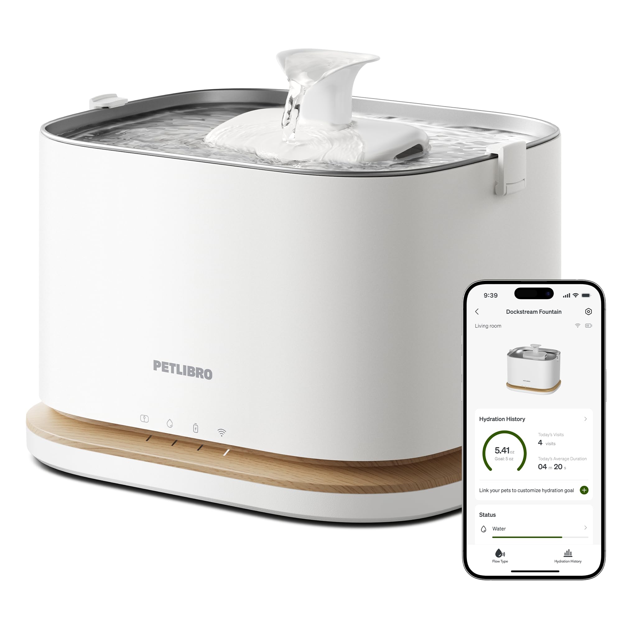 PETLIBRO Upgrade Cat Water Fountain, Cordless Cat Fountain Battery Operated, App Monitoring 3L/101oz Dockstream 2 Pet Water Fountain with Stainless Steel Tray, 5GHz WiFi Dog Water Bowl Dispenser