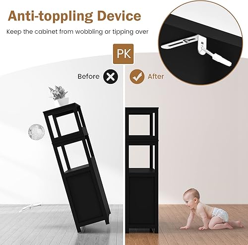 Miniatura 7 de GLACER Armario grande de suelo de baño, gabinete de almacenamiento multiusos independiente con cajón, 2 estantes abiertos y armario, excelente para