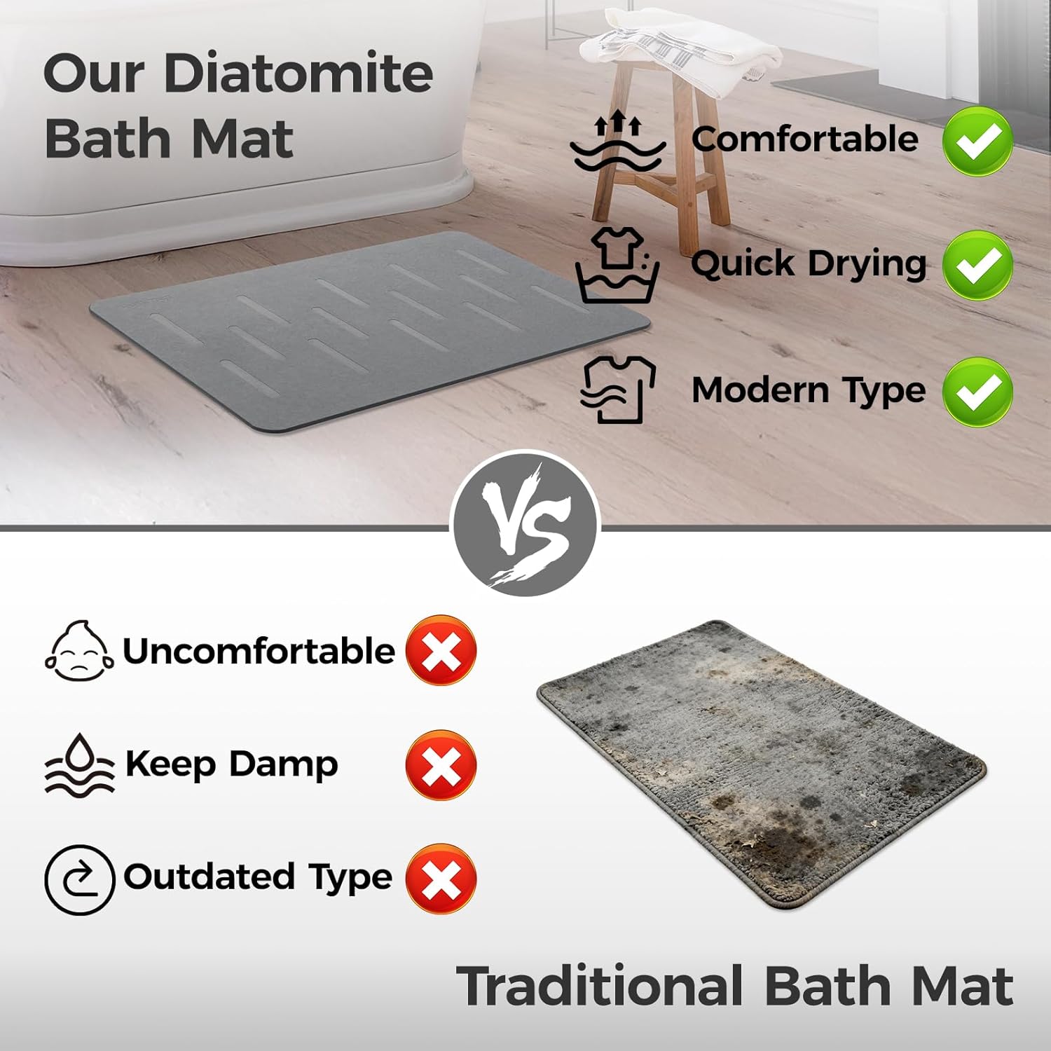 Stone Bath Mat, 23.6'' x 15.4'' Diatomaceous Earth Stone Mat, Non-Slip Shower Rug, Quick Drying Stone Mats for Bathroom, Quick Drying, Easy to Clean (Light Grey)