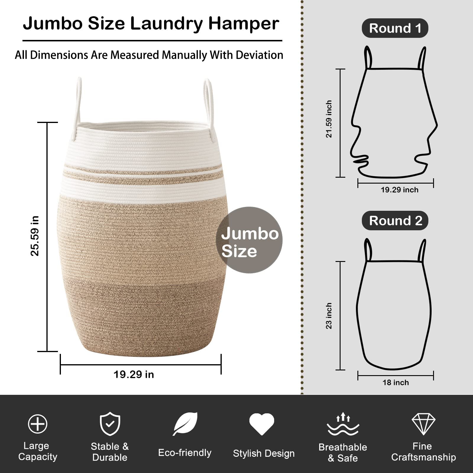 OIAHOMY Laundry Hamper Woven Rope Large Clothes Hamper 25.6" Cesta de lavandería de altura alta con manijas extendidas para ropa de almacenamiento Juguetes en el dormitorio, cuarto de baño, plegable