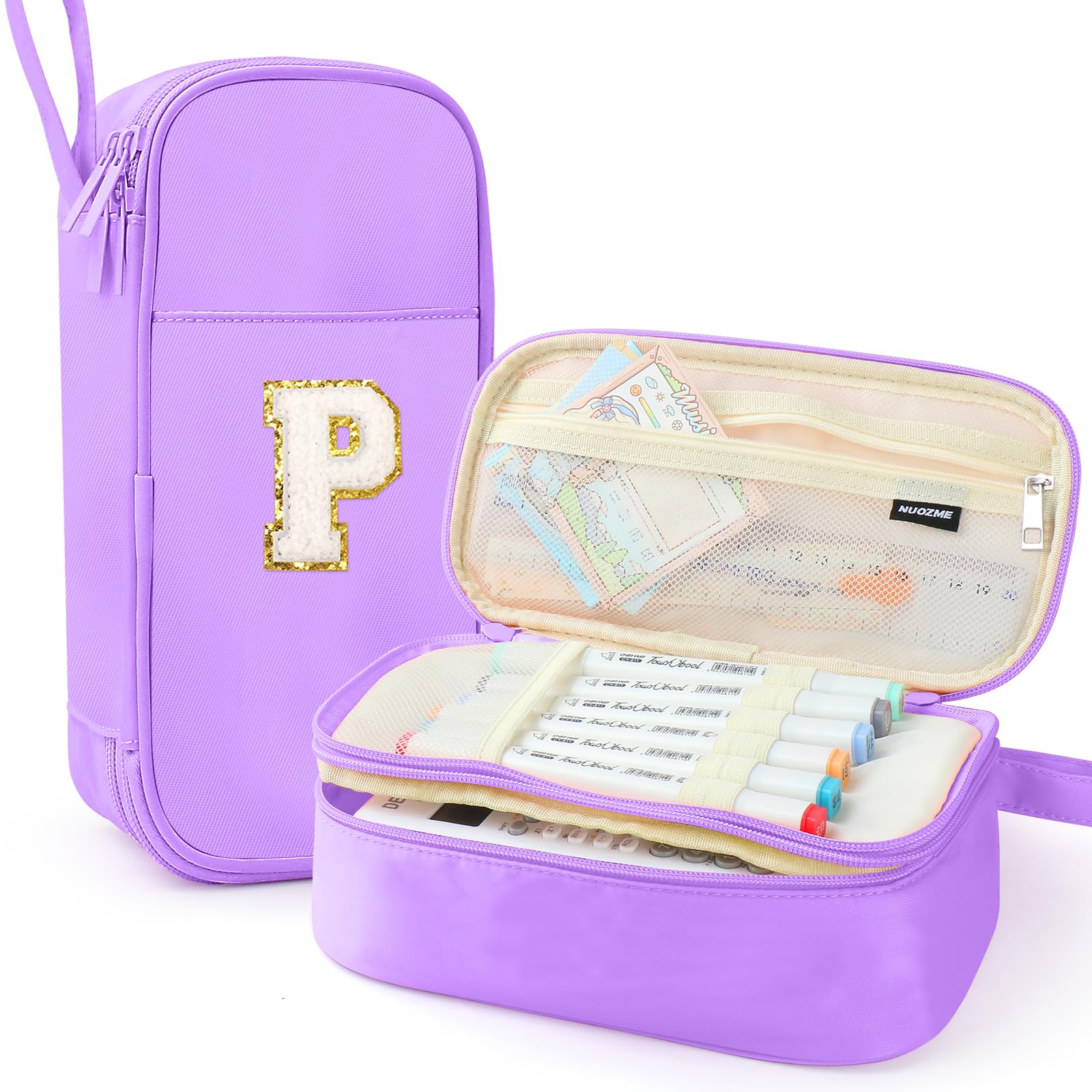Nuozme Large Capacity Pencil Case, Personalized Pencil Case with Smooth Zipper, Multiple Pockets, Cute Makeup Bag and Stationery for Teenage Girls, Purple, P, Cute and Elegant โ image 1