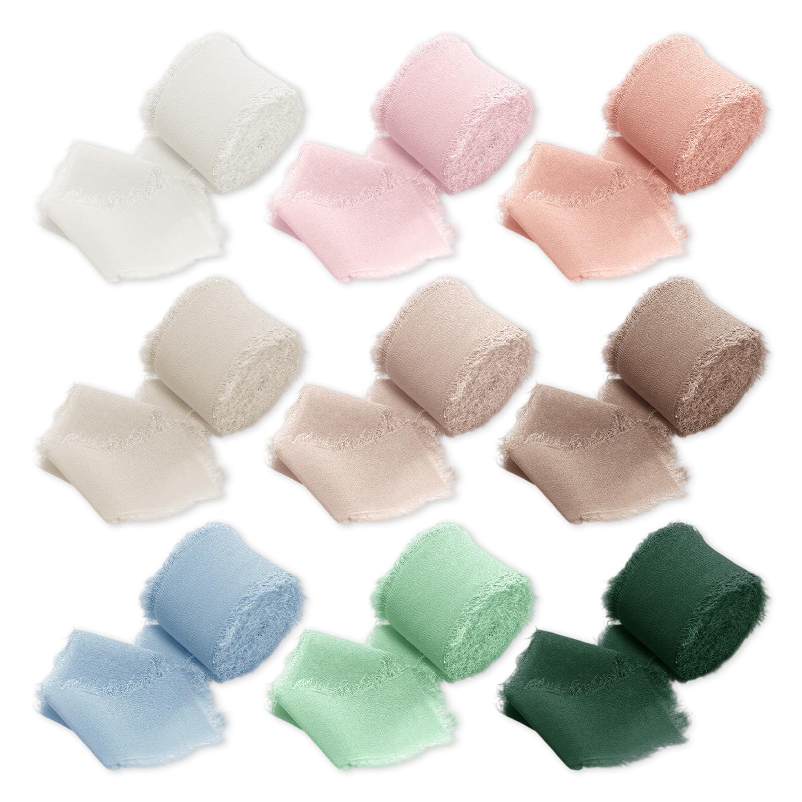 Chiffon Ribbon, Mixed 9 Colours Frayed Ribbon, 1" x 5.5Yd Fringe Edge Fabric Ribbon Package (9 Rolls*5.5Yd) for Wedding, Flowers, Party Styling, Christmas Decoration, Gift Wrapping
