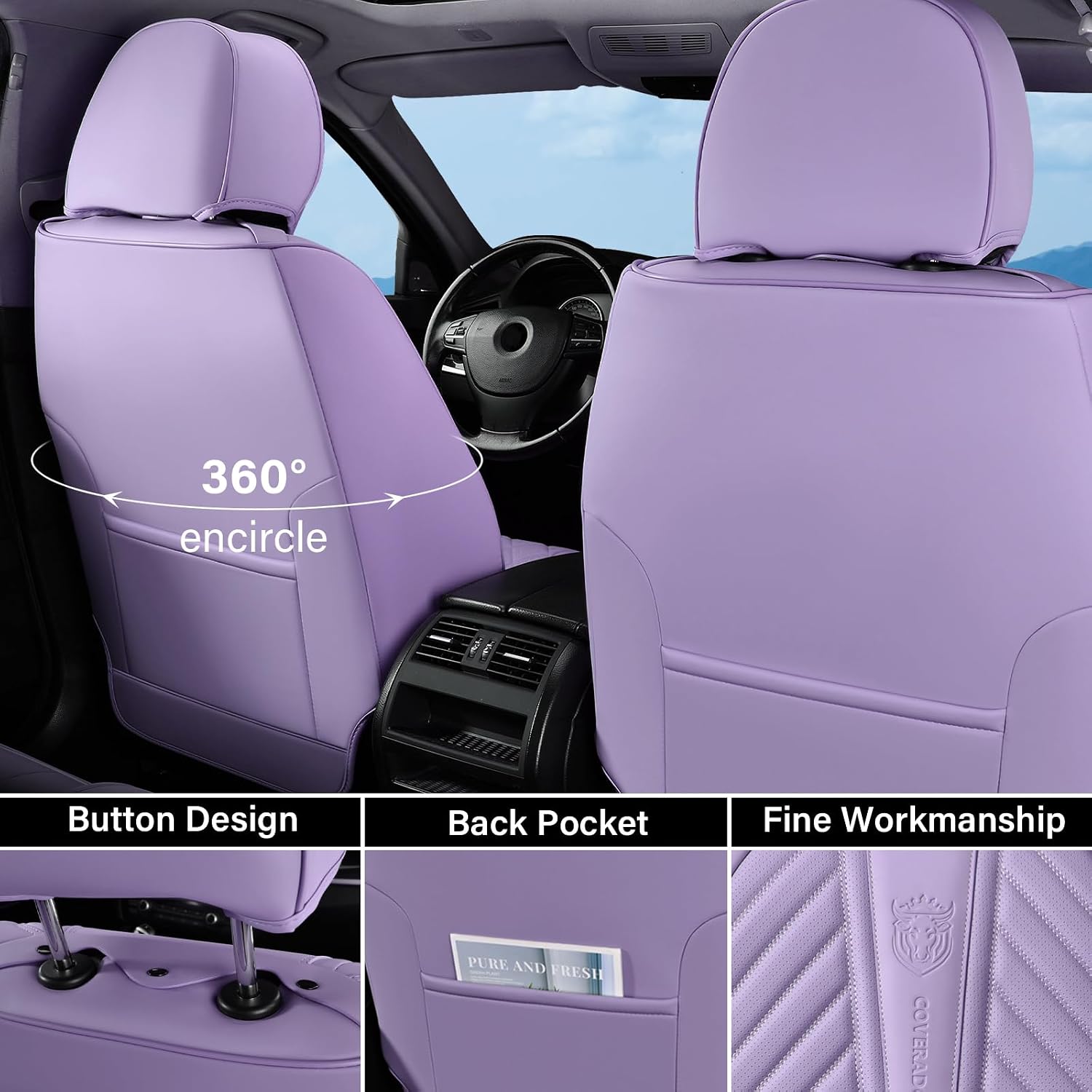 Coverado Car Seat Covers Full Set, Faux Leather Seat Covers for Car, Luxury Automotive Seat Covers Waterproof Car Seat Protector Universal Fit for Most Cars SUV Truck with Lumbar Support(Purple) image 3