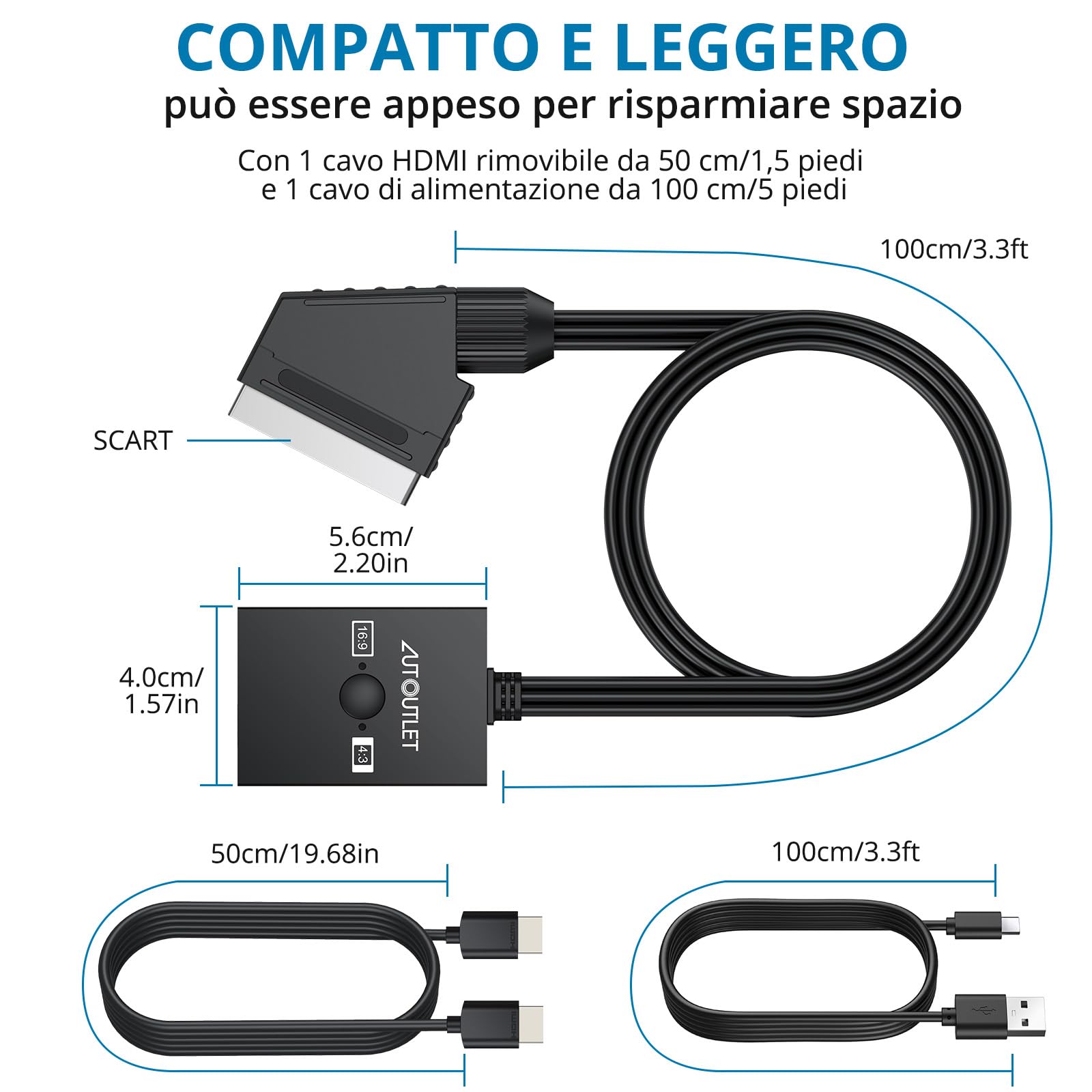 AUTOUTLET Adattatore SCART a HDMI 1080P PAL NTSC Convertitore Video Audio 50cm
