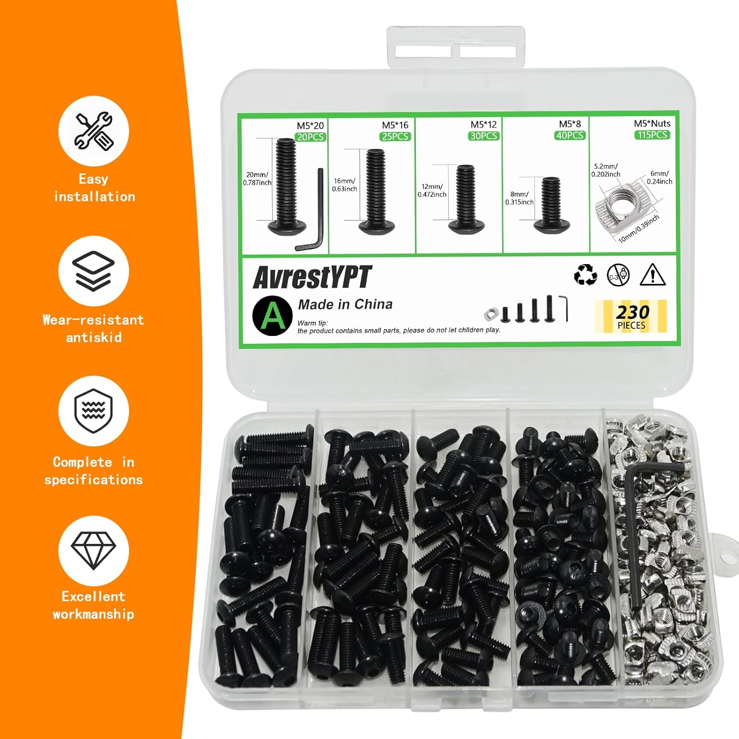 230 Pcs M5 T Nuts and T-Slot Bolts Set, Hammer Head T Slot Nut, Hex Button Head Socket Cap Screws Bolts and Nuts Set for 2020 Aluminum Extrusion Hardware, for Mlok Screws and Nut Replacement