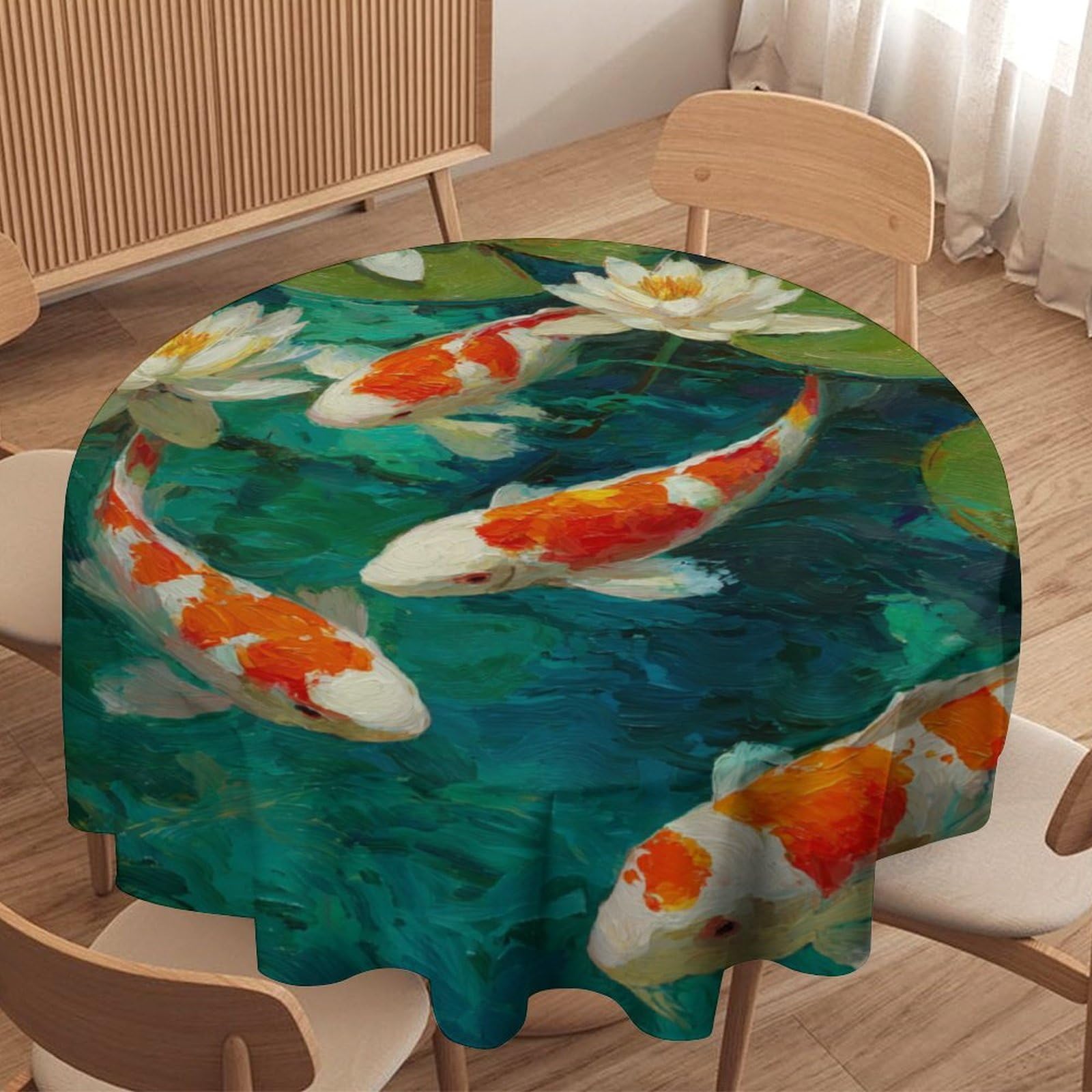 LUYYSKY Rustic Abstract Japanese Fish Round Tablecloth Classic Watercolor Botanical Plant Lotus Flowers Leaves Animal Fish Washable Decor for Table Cover for Kitchen-127 Wx127 L cm