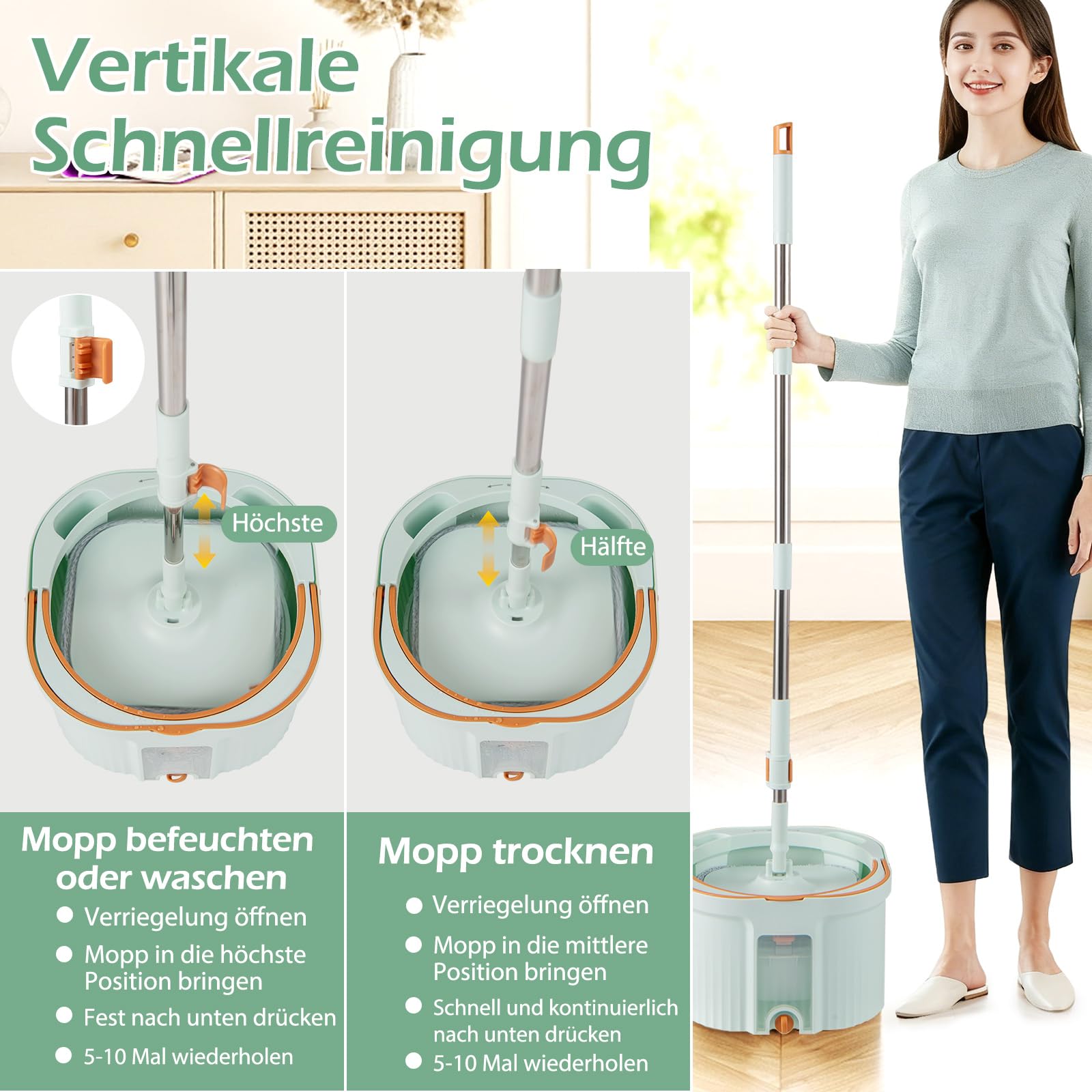 COSTWAY Wischmopp und Eimersystem mit Auswringfunktion, Abwassertrennung, 360° Drehmoppkopf & 2 Mikrofaser-Pads, Flacher Bodenwischer für Nass- und Trockenreinigung (Grün + 6 Pads)