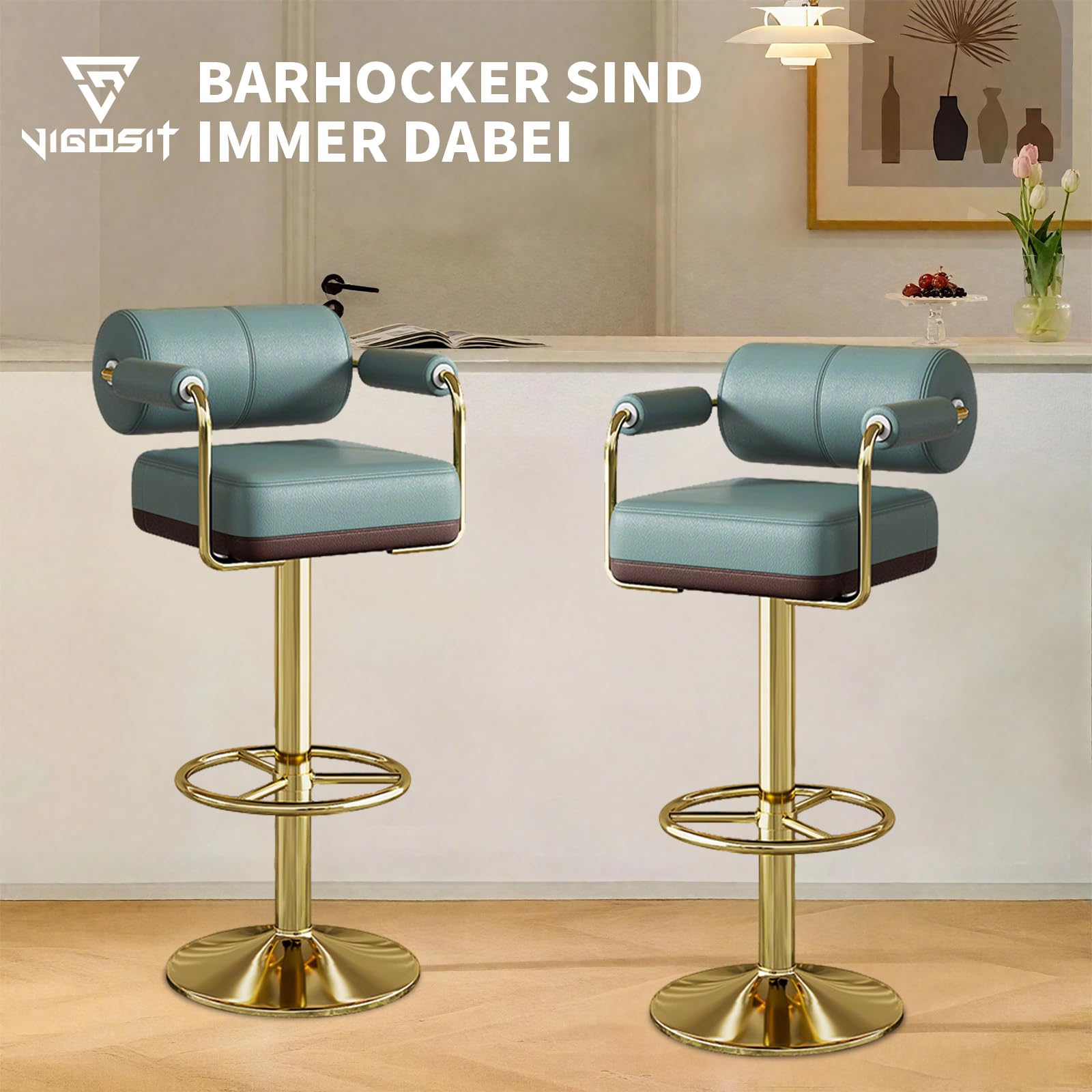 Vigosit Barhocker Set Höhenverstellbar, Barstuhl mit Lehne & Armlehne, 360° Drehbarer Tresenhocker für Küche, Gepolsterter Küchenhocker mit Großer Sitzfläche & Stabiles Metallgestell， Grün(1 Stück)