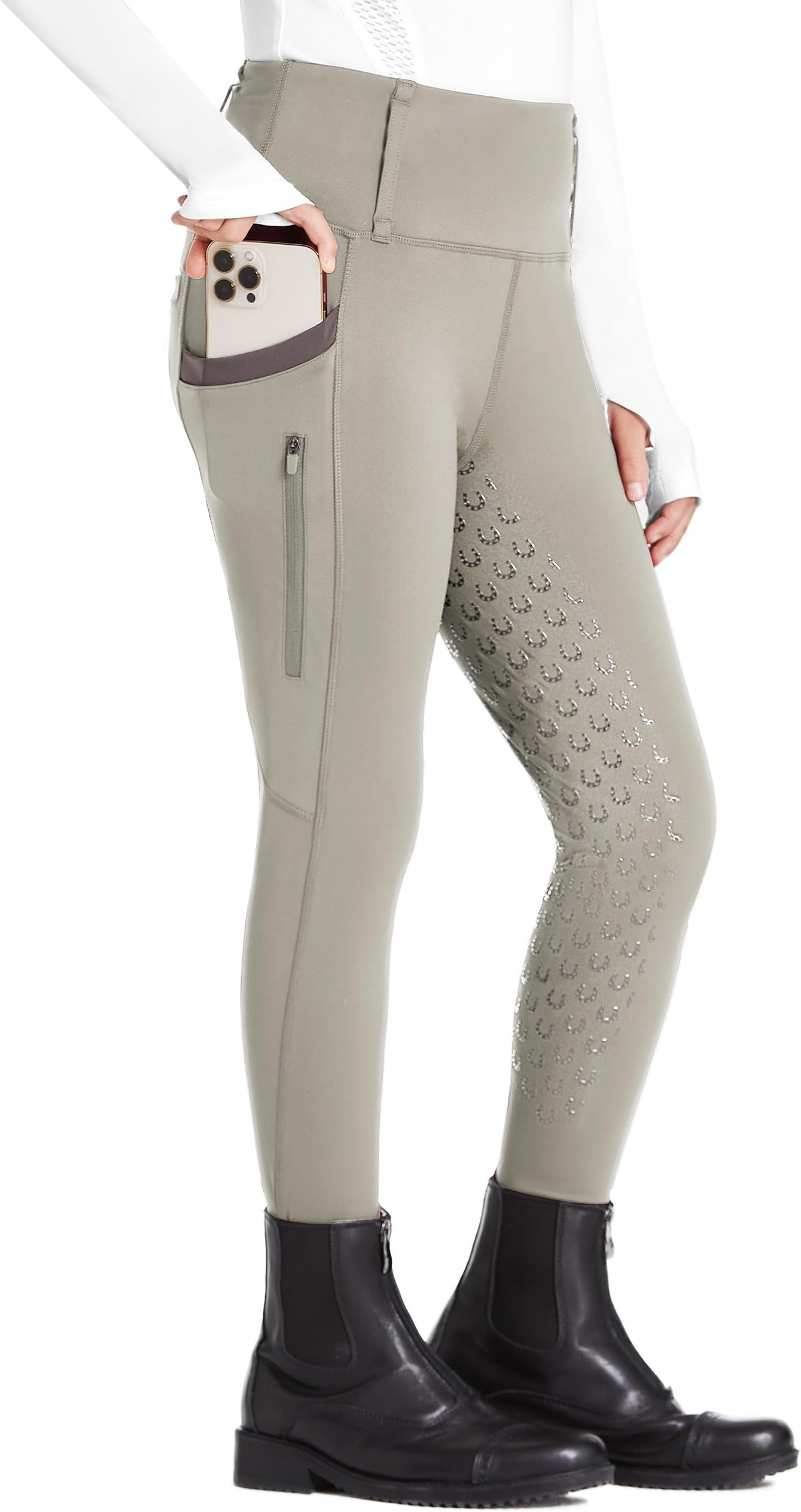 Girls Riding Pants Full Seat High Waist Kids Equestrian Breeches Horse Schooling Tights Zipper Pockets