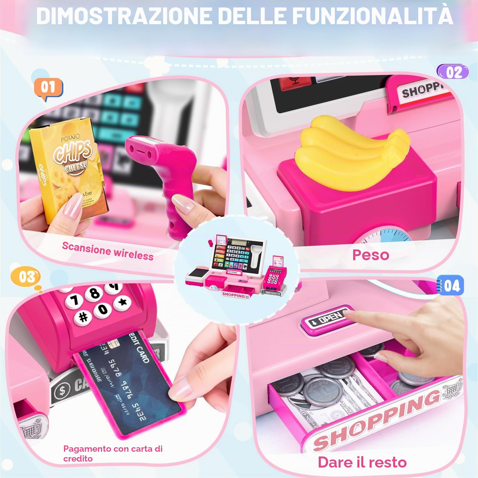 Registratore di cassa per bambini elettronica, cassa del supermercato con scanner e suono, giocattolo moneta per bambini con accessori, gioco educativo per bambini dai 3 anni (Rosso)