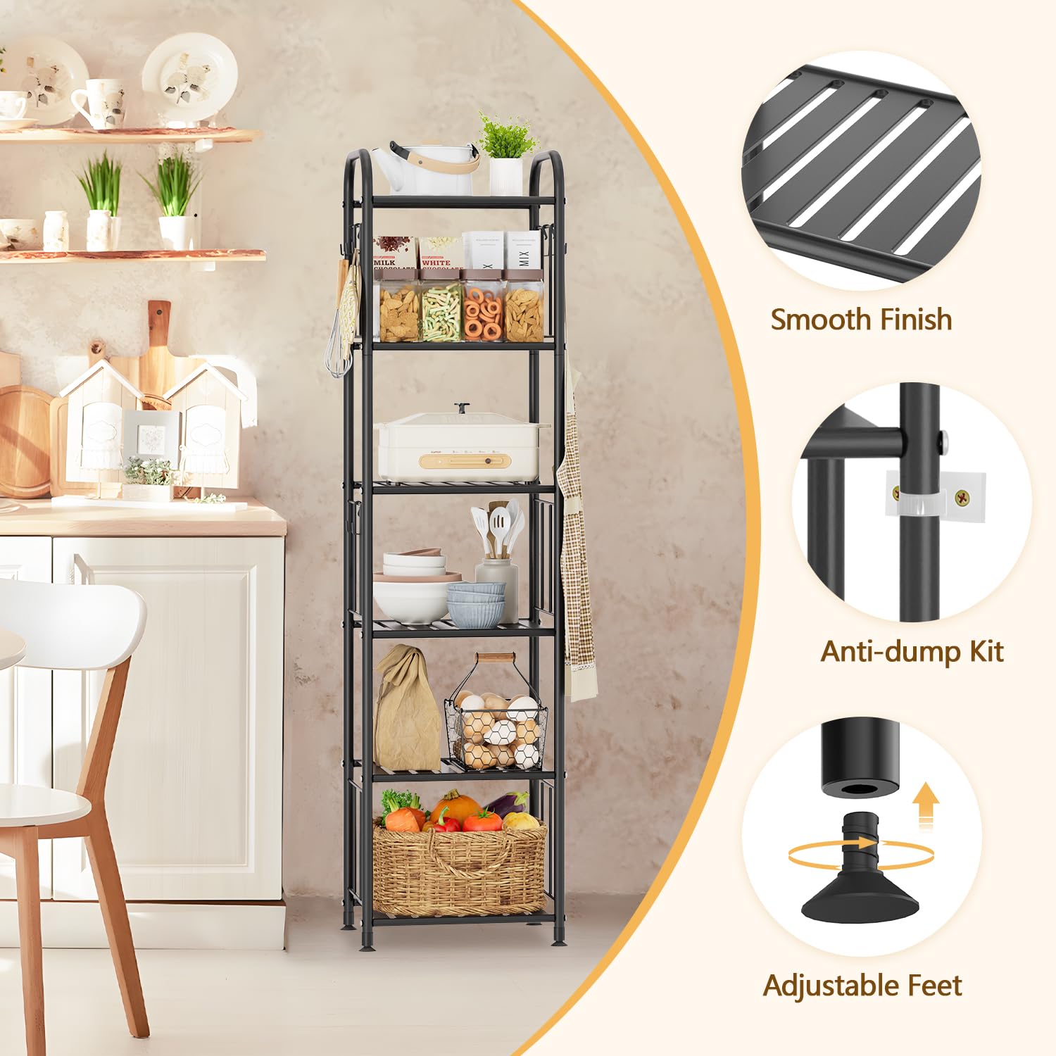 Scaffale a 6 ripiani in metallo stretto con 8 ganci, mensole angolari indipendenti per piccoli spazi, pratico scaffale per camera da letto, dispensa, lavanderia, cucina, colore nero