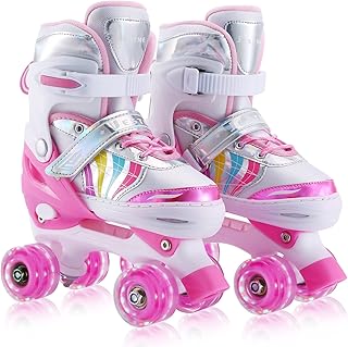 Kids Roller Skates Adjustable for Girls Boys Youth , Pink Blue 4 Size Adjustable Light Up Roller Skates for Size 11J todders to Size 7 Youth Women Men