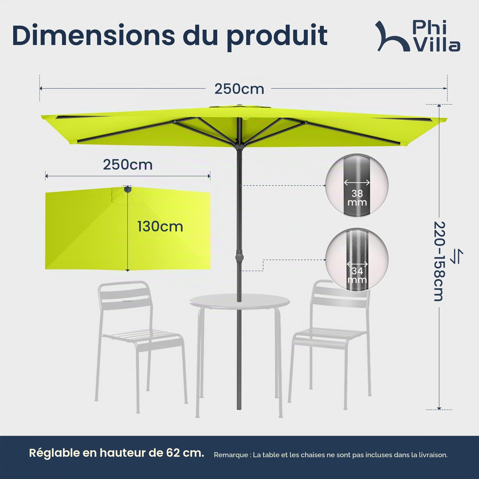 PHI VILLA 250 x 130 cm Demi-parasol réglable en hauteur avec pince, résistant au vent, stable, à emporter, protection UV50+, pour jardin, terrasse, balcon, balustrade, table
