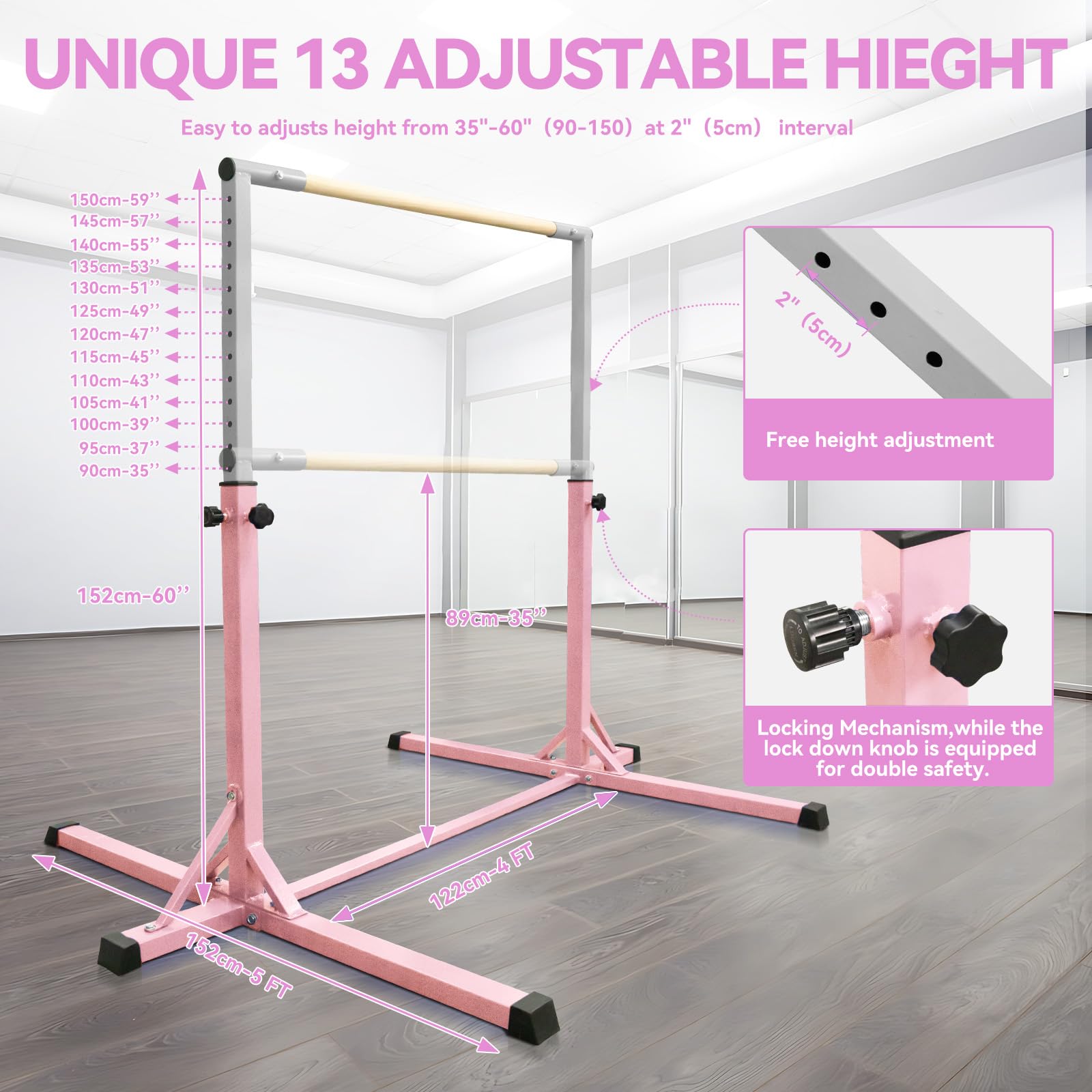 FBSPORT Barra de Gimnasia para Niños Barra Horizontal de Gimnasia con 13 Altura Ajustable de Barra de Entrenamiento con Anillos de Gimnasia Barra de Entrenamiento de Gimnasia expandible Junior Rosa