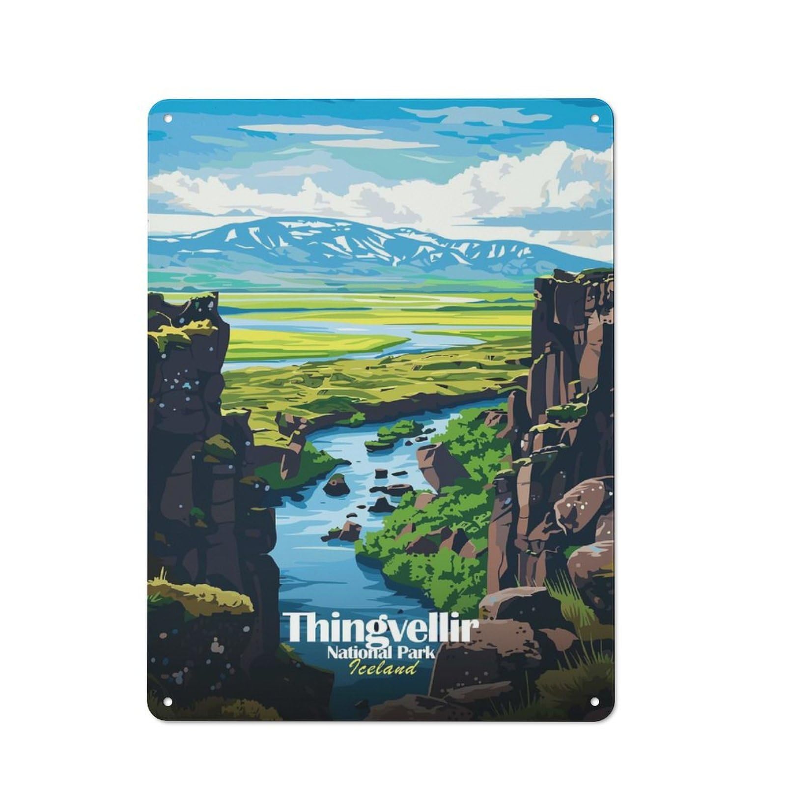 Junmoney Style Thingvellir National Park Iceland Illustration Everyday Metal Wall Decor 40X30cm, Vintage Metal Sign For Hallway, Home Bar, Garage Or Study