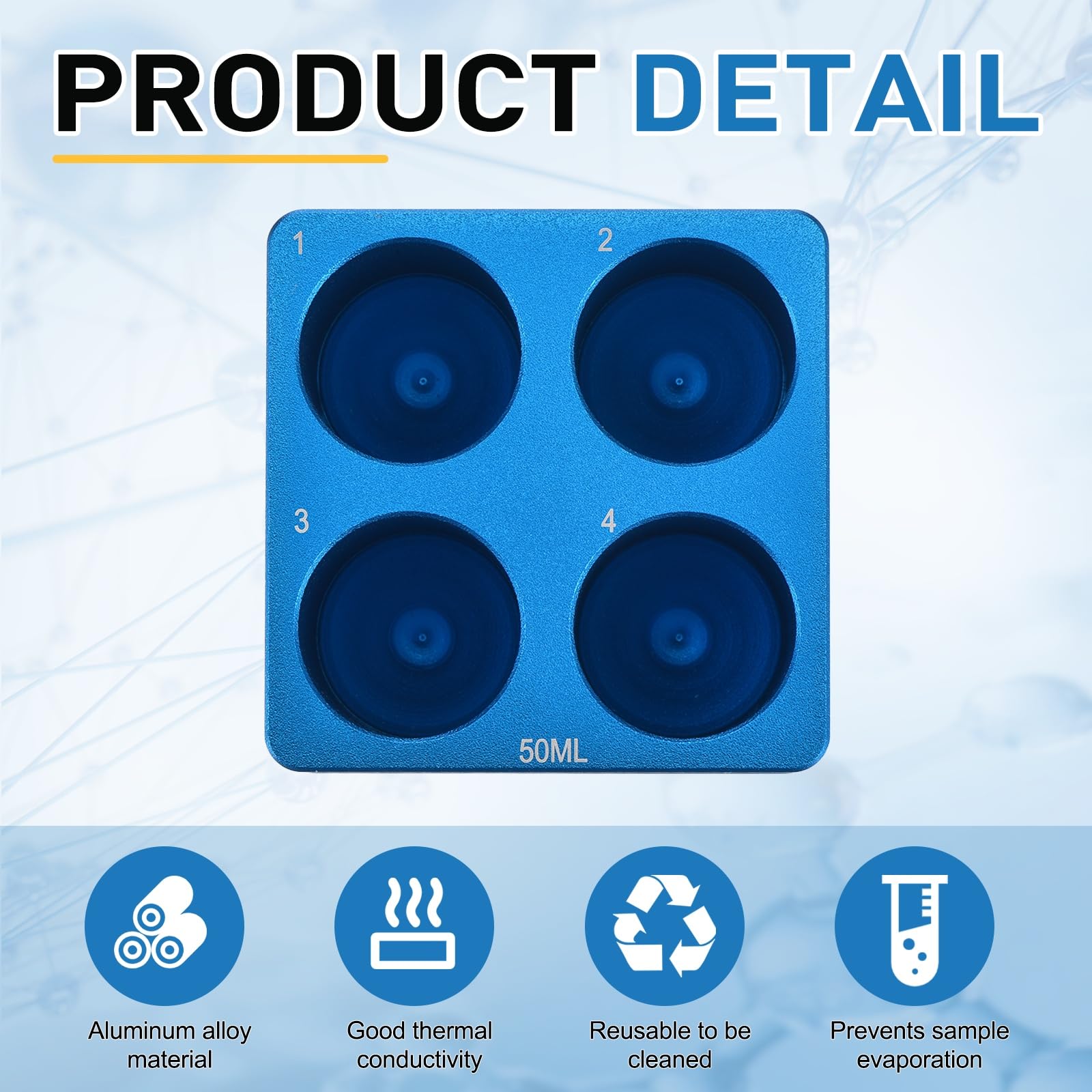 PATIKIL 4 Pozzi Porta Provette Microcentrifuga Raffreddato, Vassoio Piastra Coltura Tessutale, Blocco Raffreddamento Alluminio per Provette PCR 50ml, Attrezzatura Laboratorio, Blu Chiaro