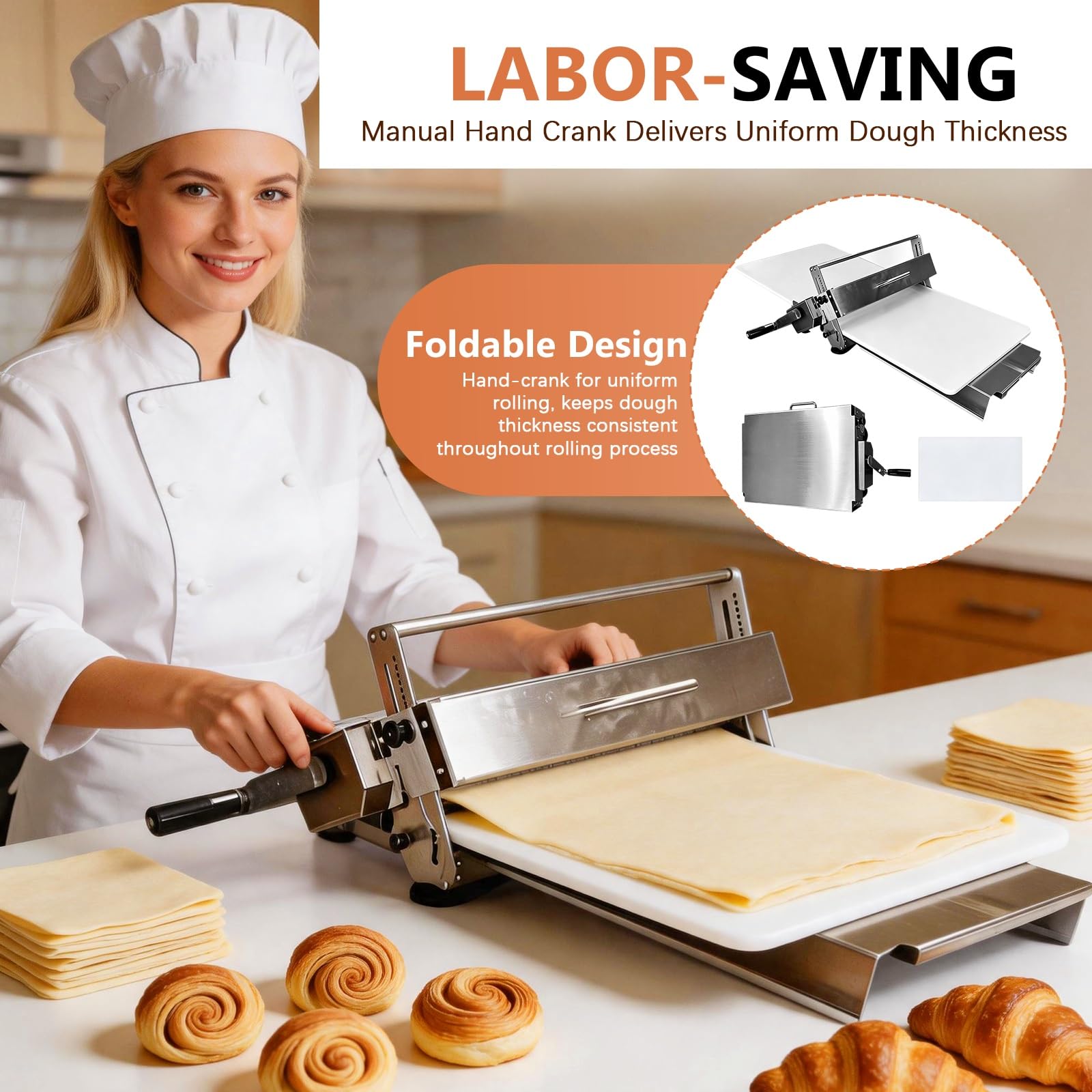 Laminadora de Masa Manual, Máquina Laminadora Masa Plegable de Acero Inoxidable, Grosor Ajustable 0-25 mm, Rodillo de Masas para Panadería Comerciales y Domésticas