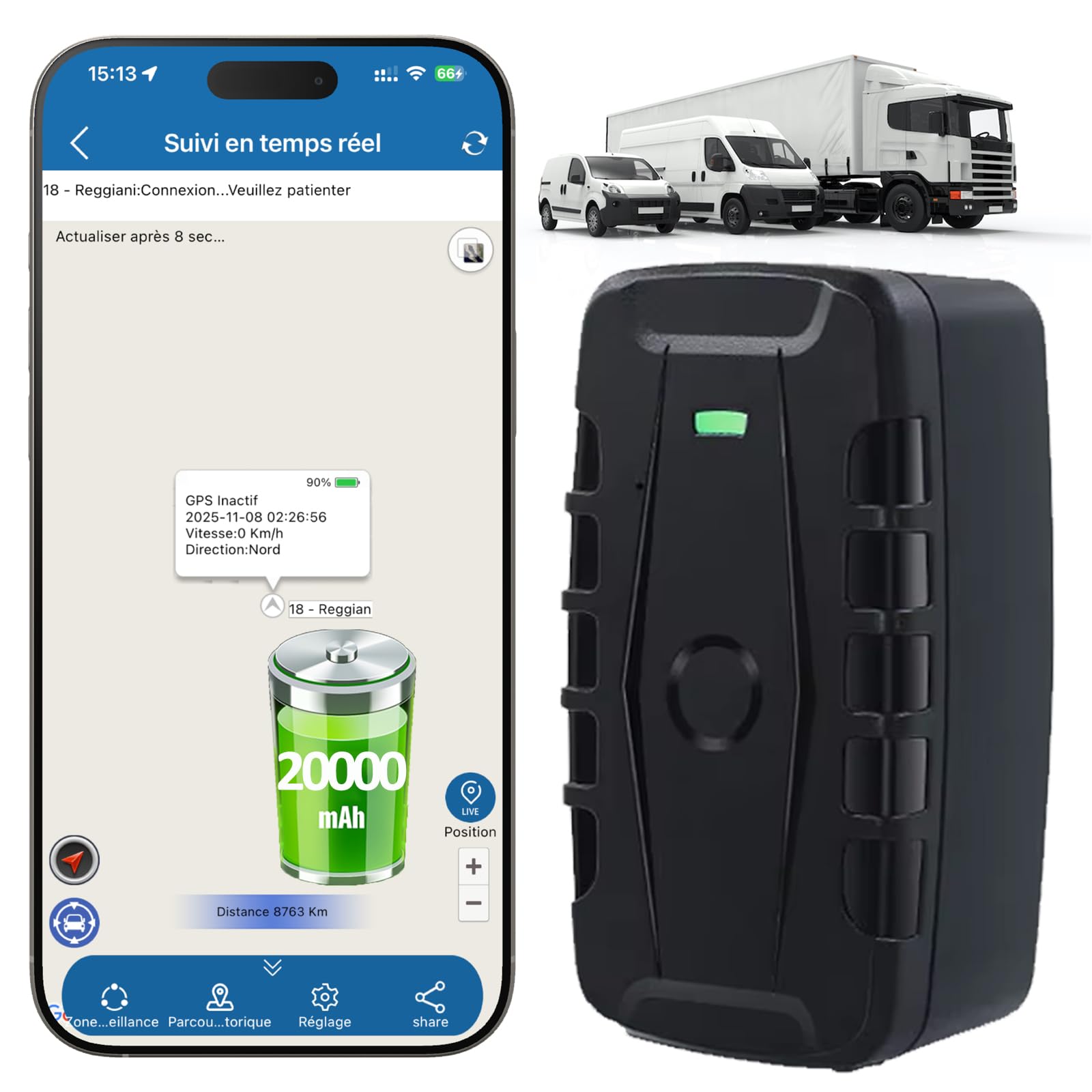 4G Traceur GPS Voiture 20000mAh, Tracker GPS sans Abonnement, Traceur avec Carte Sim Aimant Puissant IP67, Suivi Temps Réel, Alarme Antivol, Historique Itinéraire 6 Mois pour Camion Moto Camping-Car