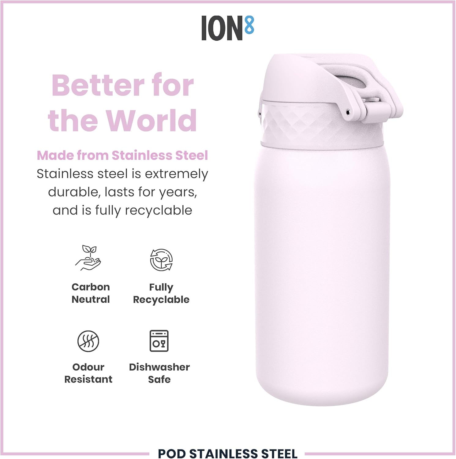 Ion8 Kids Water Bottle, Steel 400 ml/13 oz, Leak Proof, Easy to Open, Secure Lock, Dishwasher Safe, Flip Cover, Carry Handle, Easy Clean, Durable, Scratch Resistant, Carbon Neutral, Lilac Dusk - Image 5