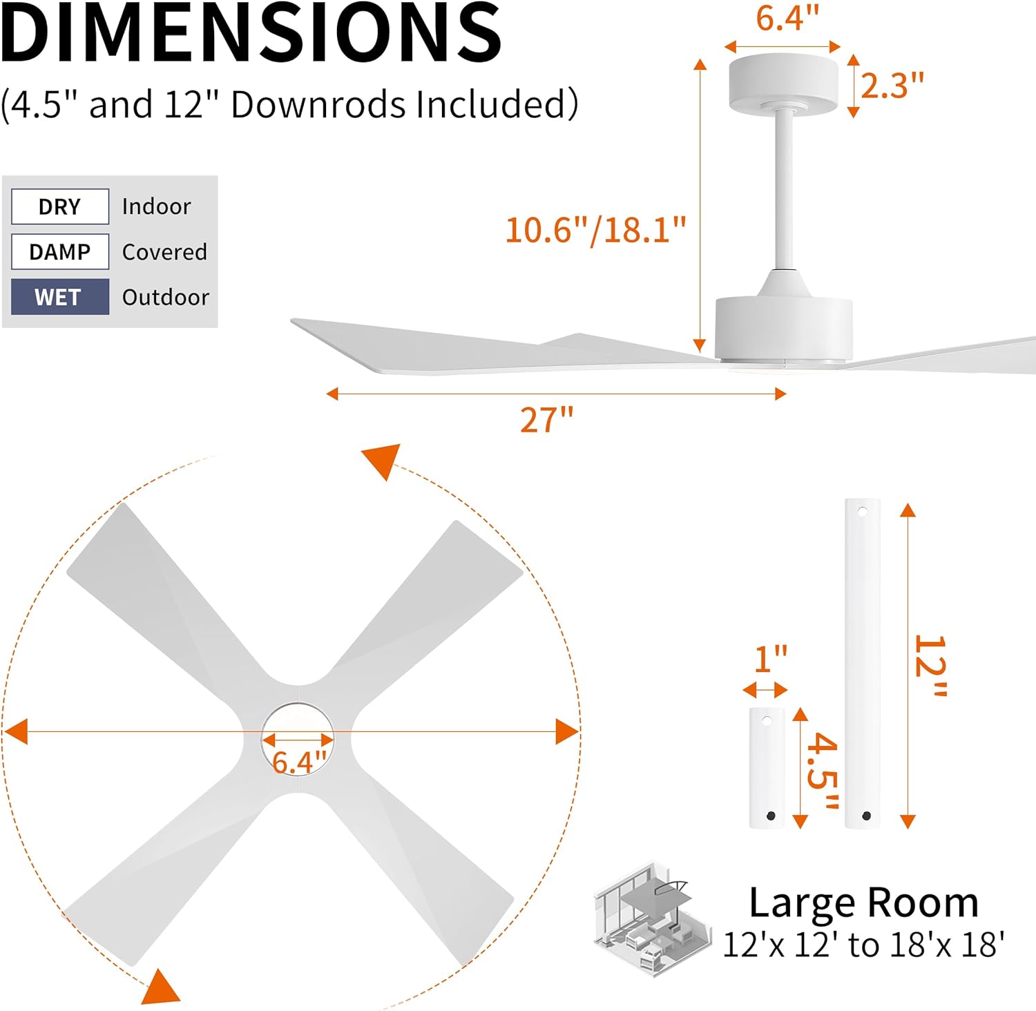 WINGBO 54" Wet Rated Outdoor Ceiling Fan with Lights, 4 ABS Plastic Blades, Reversible DC Motor, 6-Speed Remote Control, 3 CCT, Waterproof Ceiling Fan for Patio Porch Gazebo Garage, Gloss White