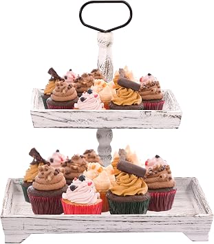 Wood Cake Display Stand Retro 2 Tier Decor Fall Food Tray Farmhouse Fruit Serving Dessert Tray with Metal Handle Detachable Afternoon Tea Cupcake Stand for Wedding Thanksgivingwhite