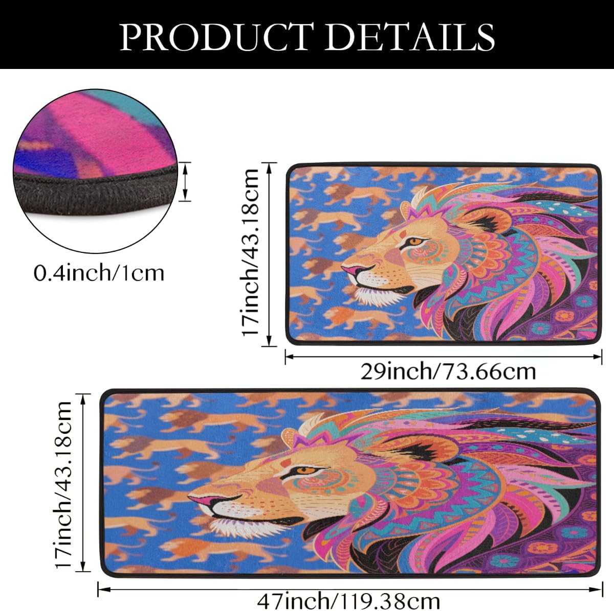 Anti Fatigue Tribal Lion Art Kitchen Mats for Floor 2 Piece Set, Waterproof Non Slip Boho Kitchen Floor Rugs, Comfort Standing Mat for Sink Laundry & Home Kitchen 17"x47"+17"x29"