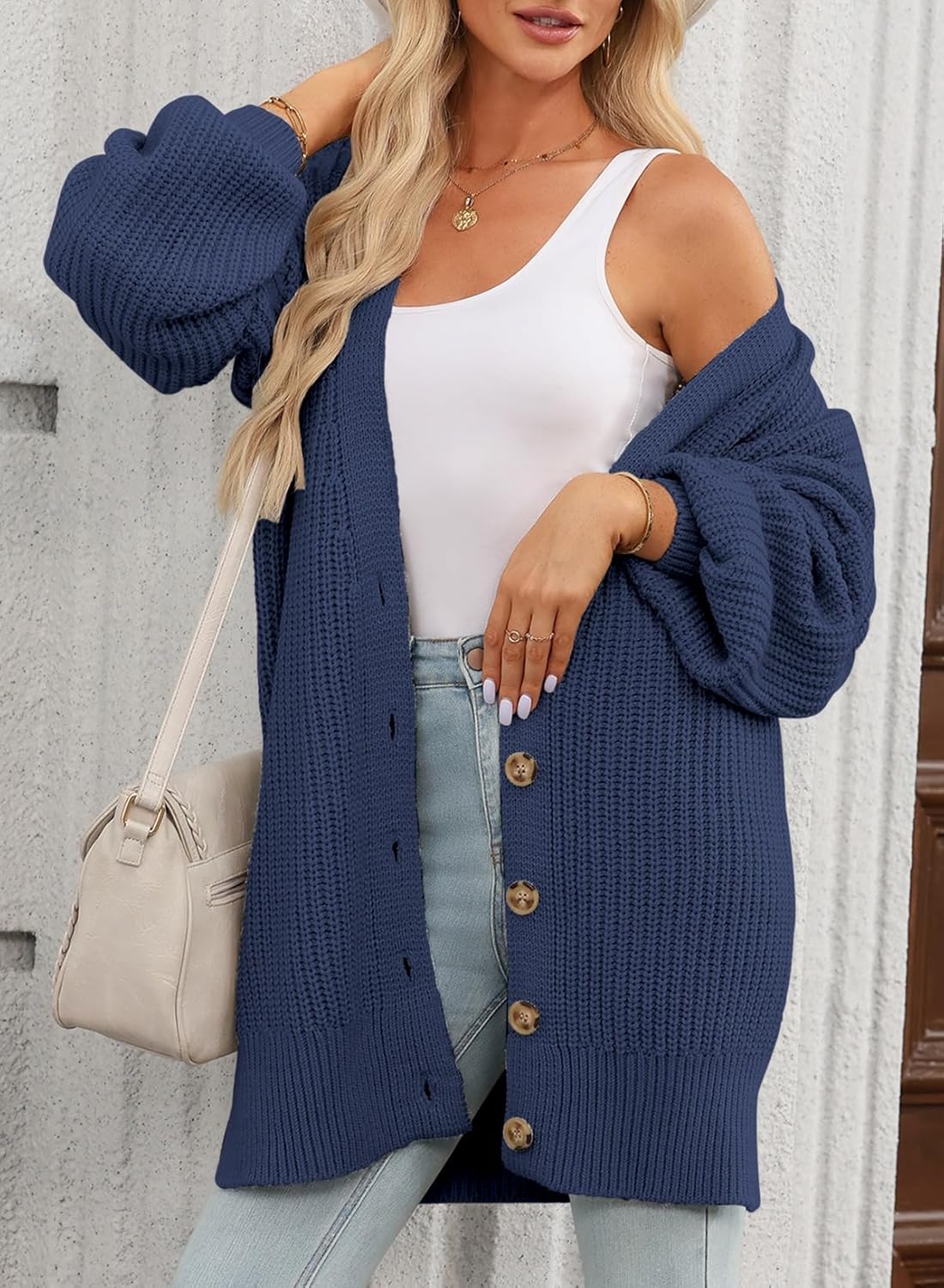 SHEWIN Womens Oversized Long Cardigan Sweaters Open Front Button Long Lantern Sleeve Knit Chunky Sweater Outerwear Coats - Image 3