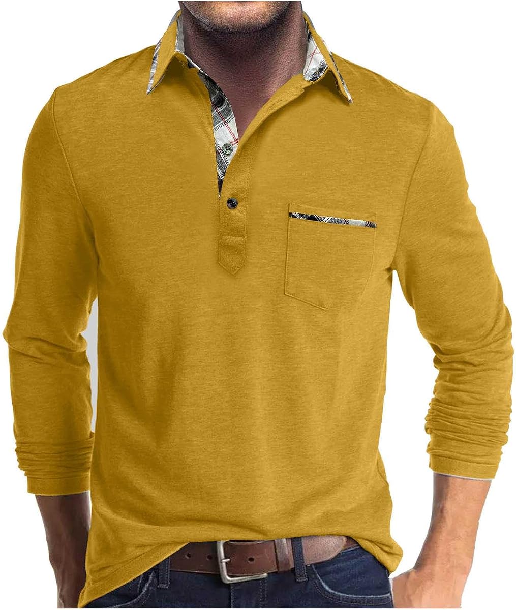 Men Fall Winter Polo Shirts Long Sleeved Flip Collar Tops Pocket Button V Neck T Shirts Golf Casual Sports Tops