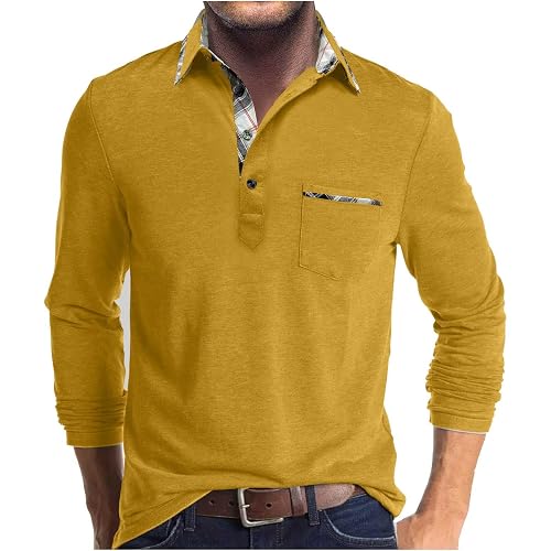 Mens Long Sleeve Polo Shirts Casual Collared Button Golf Work Shirt Lightweight Cotton Basic Polo T Shirt with Pocket