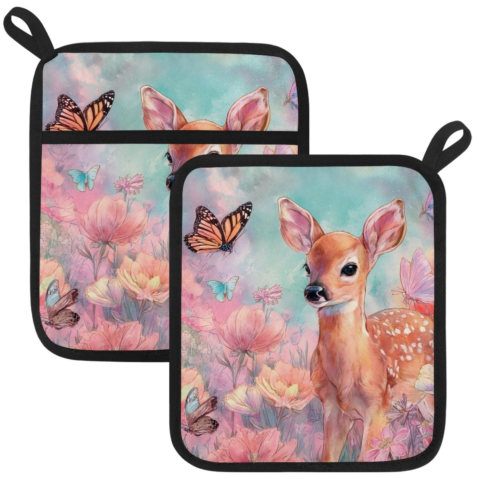 VAPOKF Sika Deer Pot Holders with Pocket for Kitchen Heat Resistant Potholders Large Polyester-Cotton Square Oven Mitts Set