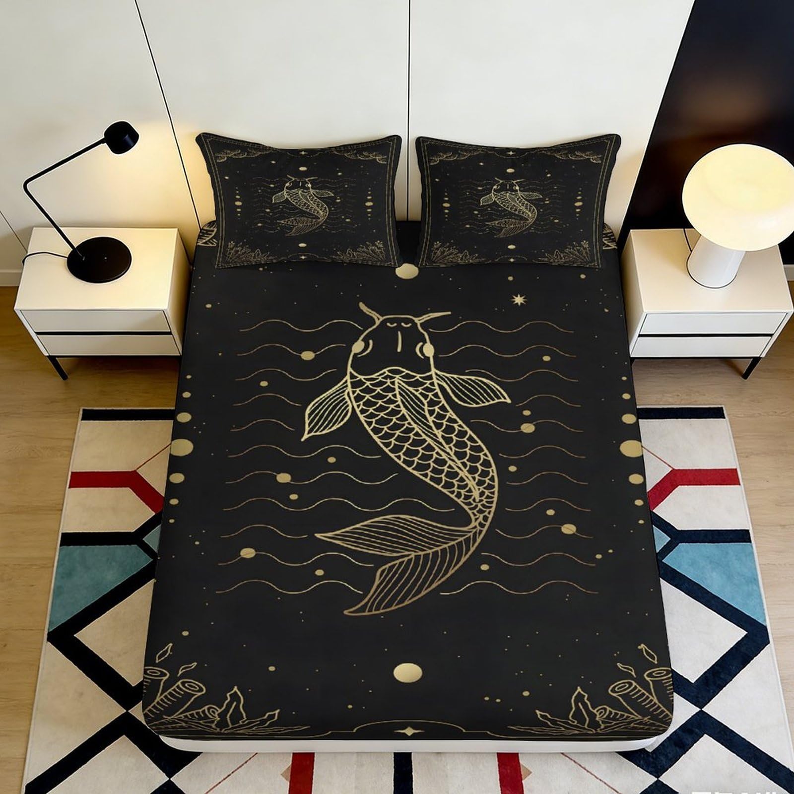 3D Printed Black Gold Koi Fish Fitted Sheet Microfiber Non Slip Artistic Japanese Waves Mattress Cover Bedroom Decor 200x200x25cm