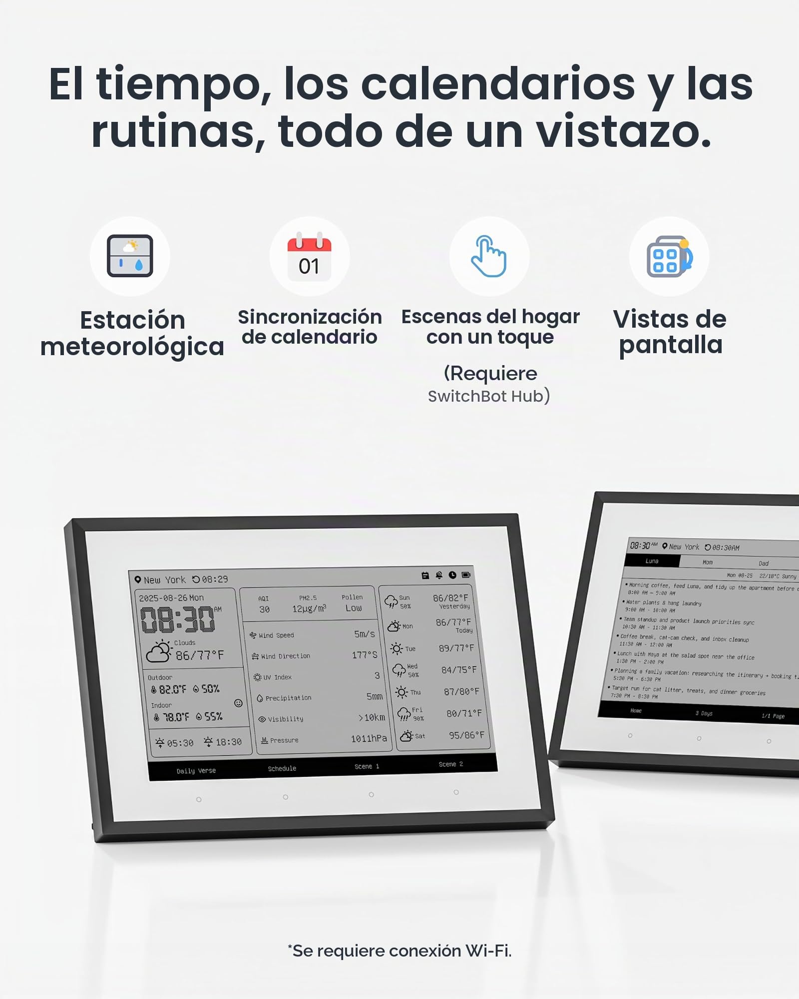SwitchBot Panel doméstico inteligente E-Ink, monitor de temperatura y humedad interior y exterior de 7,5" con calendario digital, Wi-Fi 2,4GHz y BLE, compatible con Google/iCloud/Outlook (Standard)