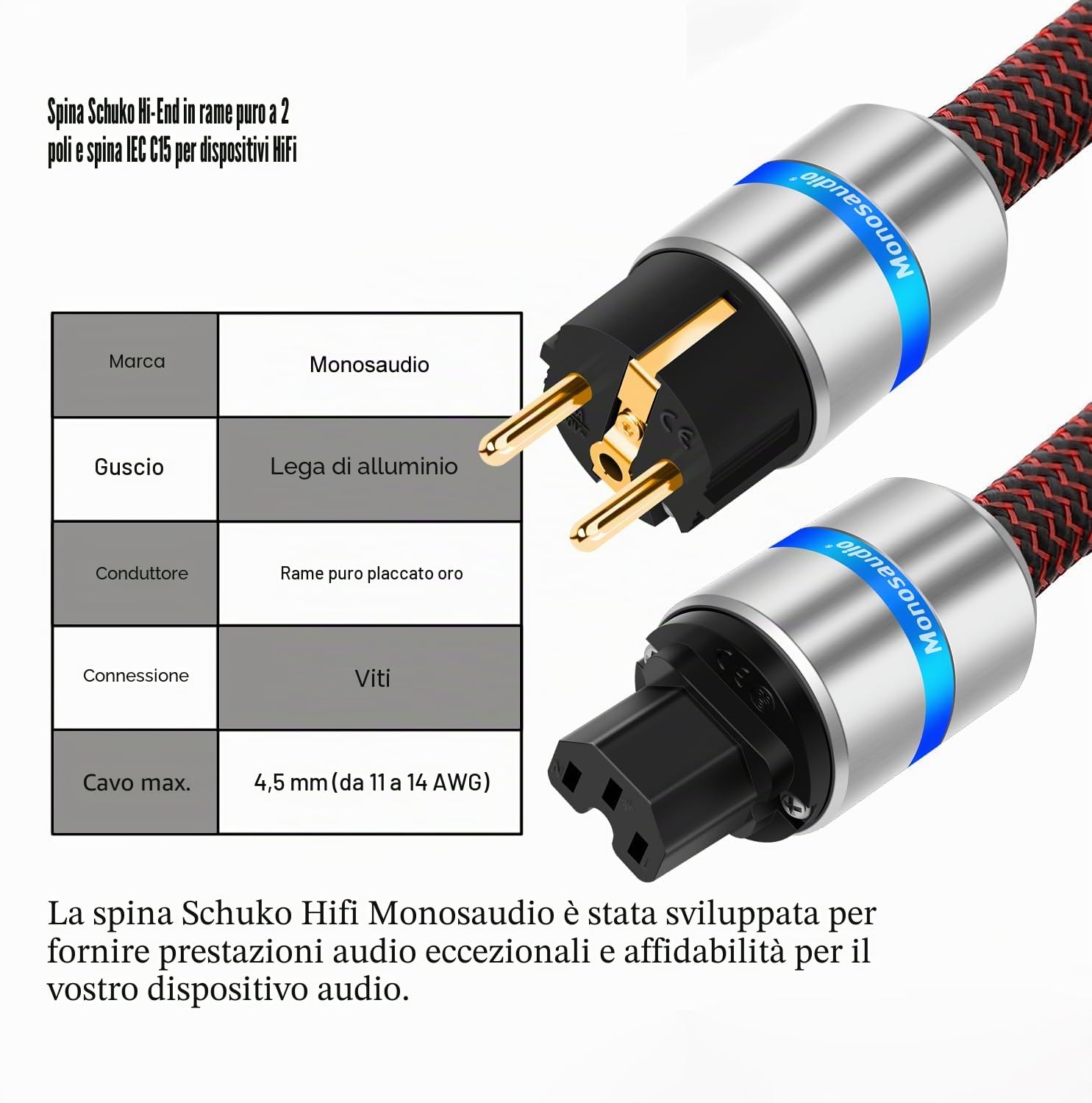 Monosaudio Coppia di connettori Schuko HiFi & IEC C15 presa presa presa di corrente High End per dispositivi freddi, 16 A, 250 V, spina audiofilo (placcato oro, guscio in alluminio, E106G/F106G)