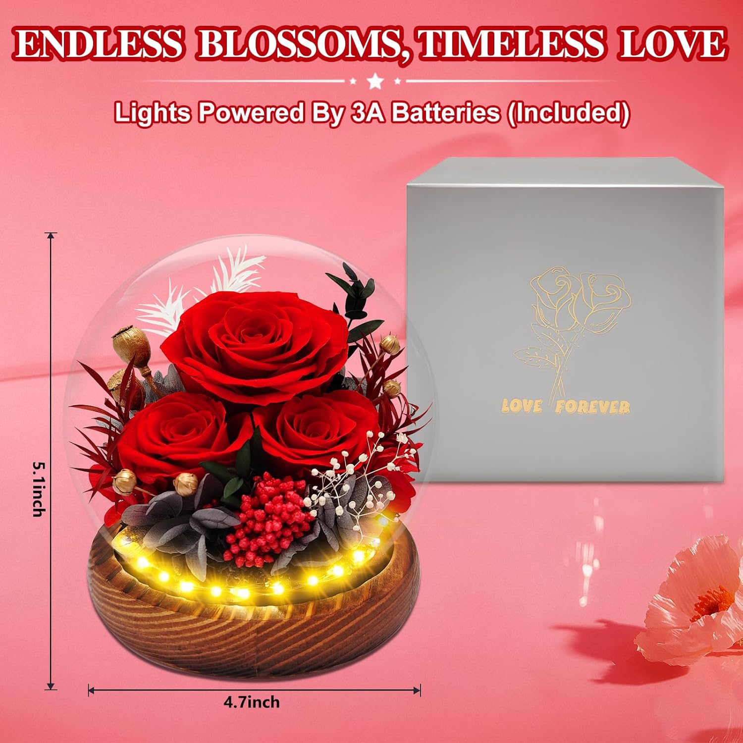 Preserved Rose Forever Flowers in Glass Dome Gifts for Women, Long-Lasting Real Flowers，Red Eternal Rose Birthday Gifts for Mom Valentines Day Anniversary for Wife Girlfriend - Image 4